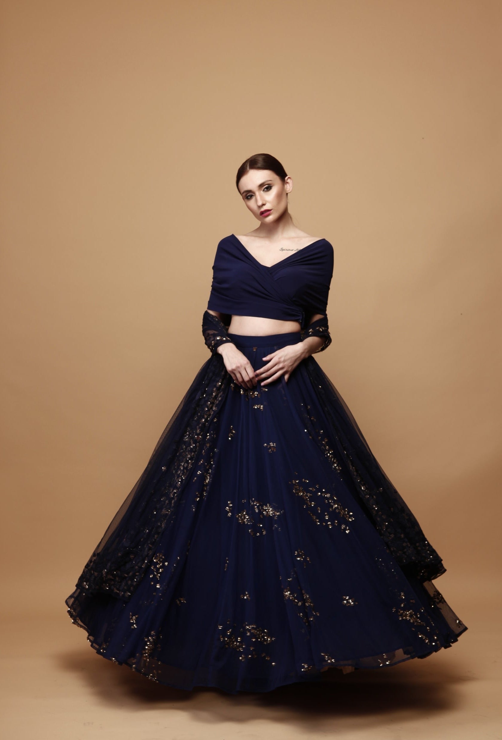 Navy Blue Lehenga With Wrap Blouse