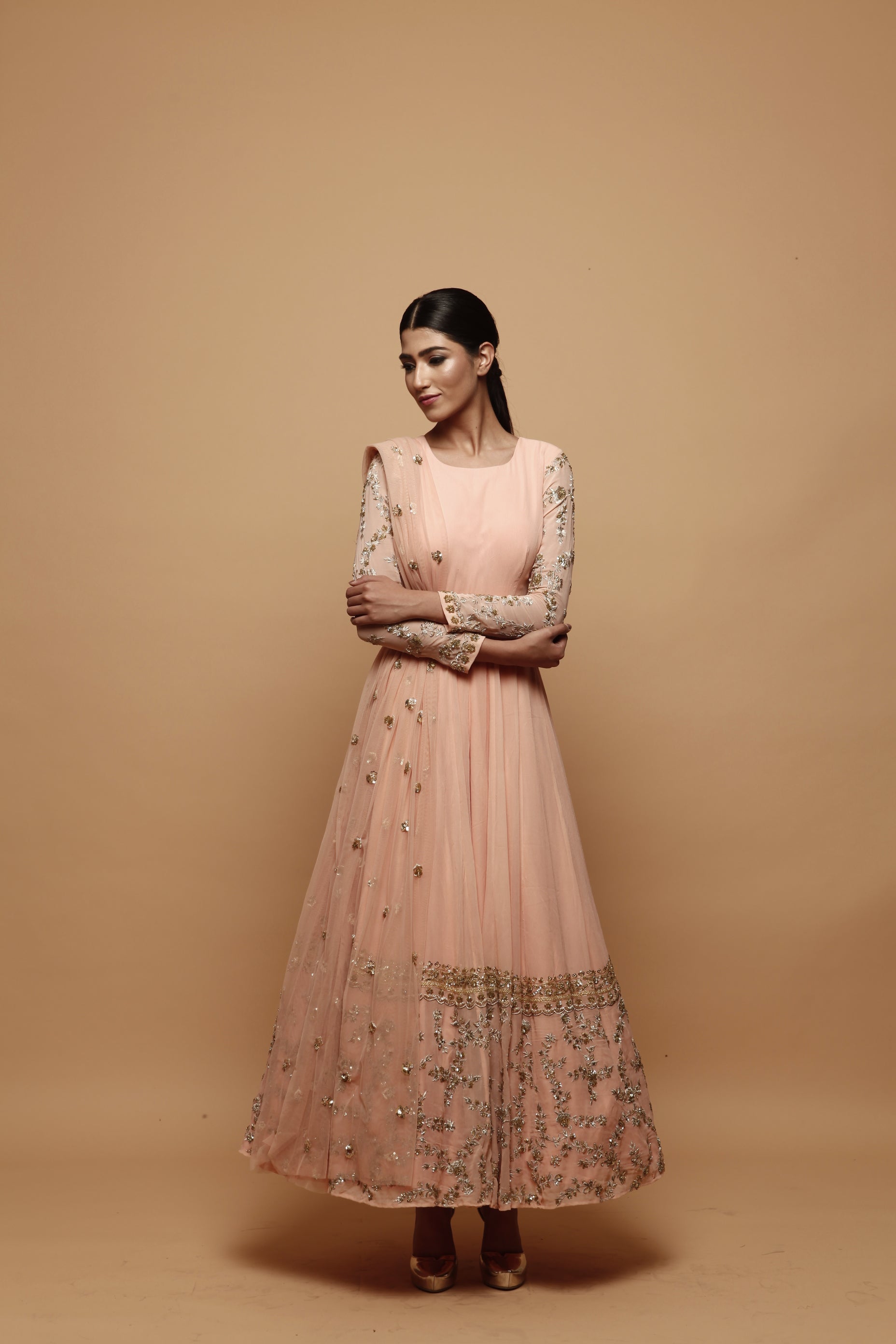 Pink Anarkali Suit With Gold Border