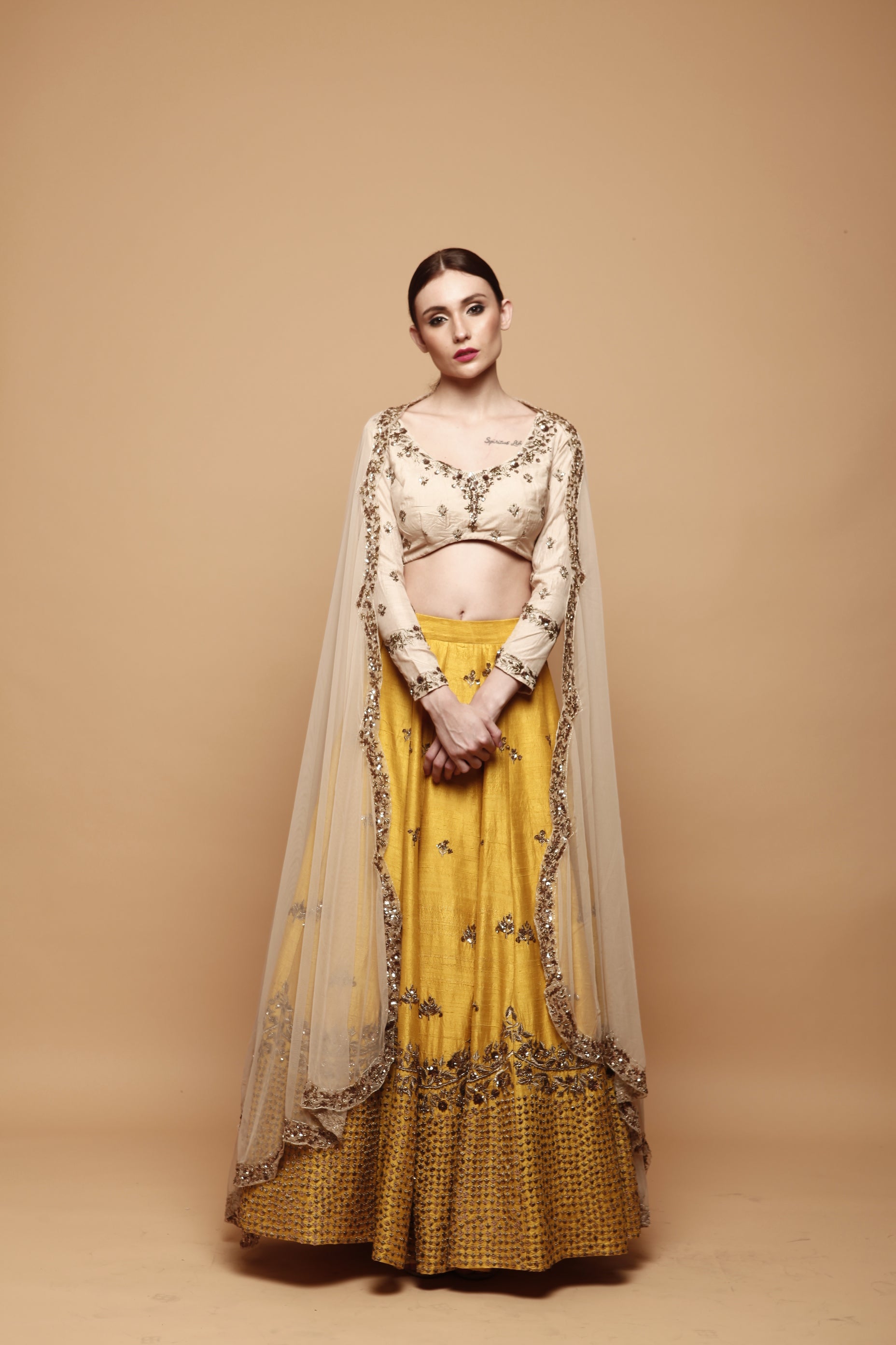 Mustard Yellow Lehenga With Cream Choli
