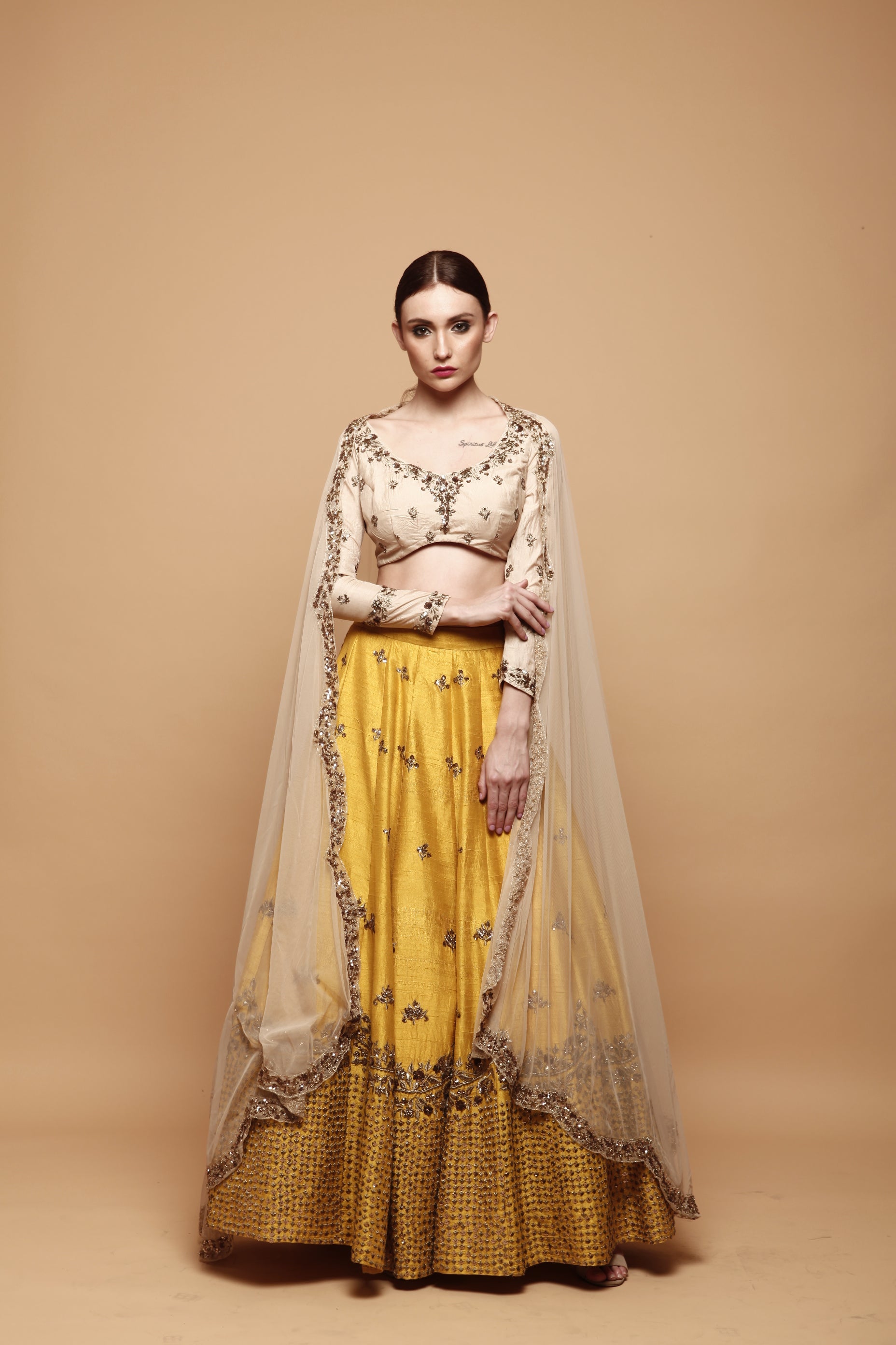 Mustard Yellow Lehenga With Cream Choli