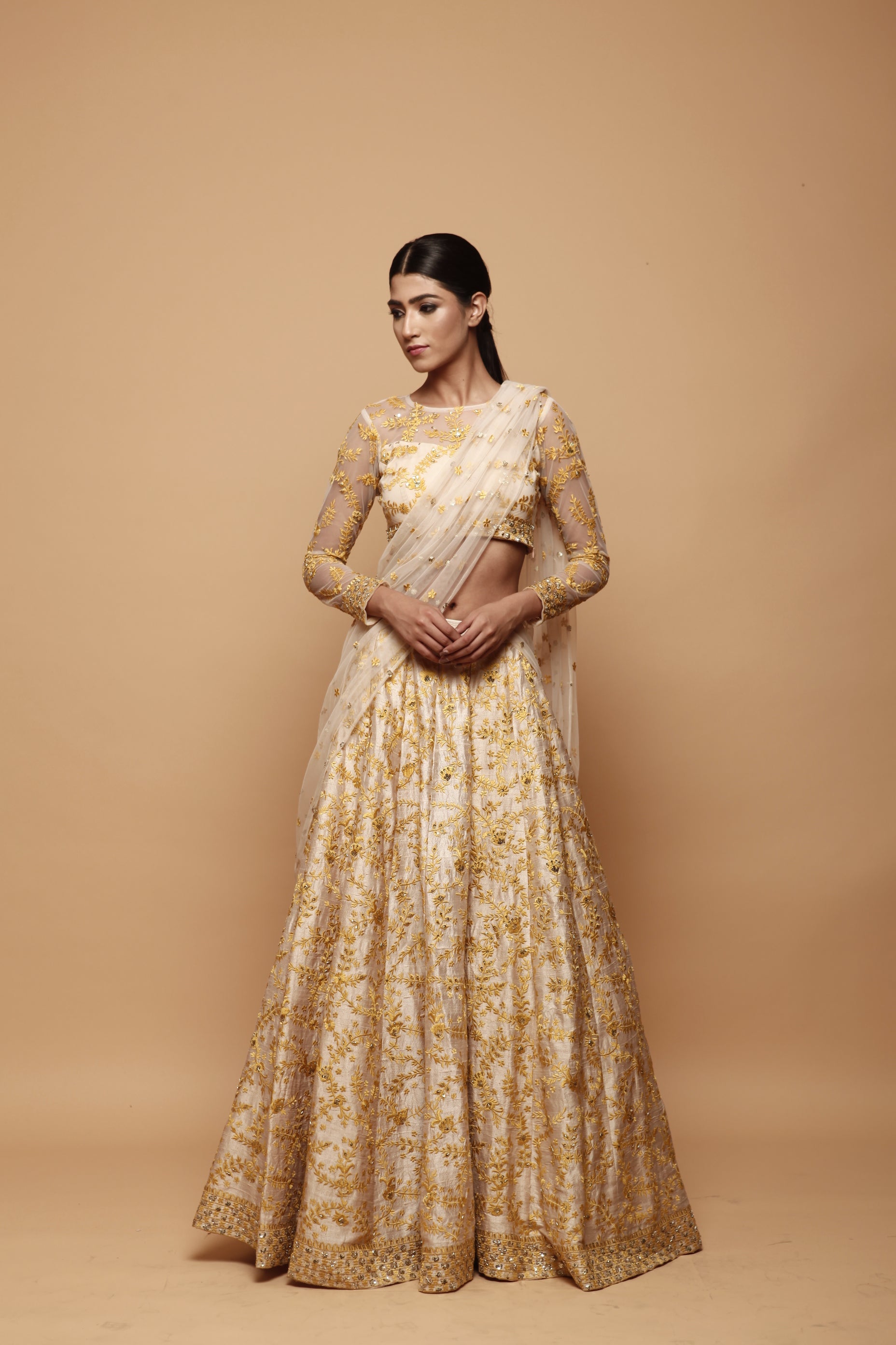 Off White With Mustard Thread Work Lehenga Set
