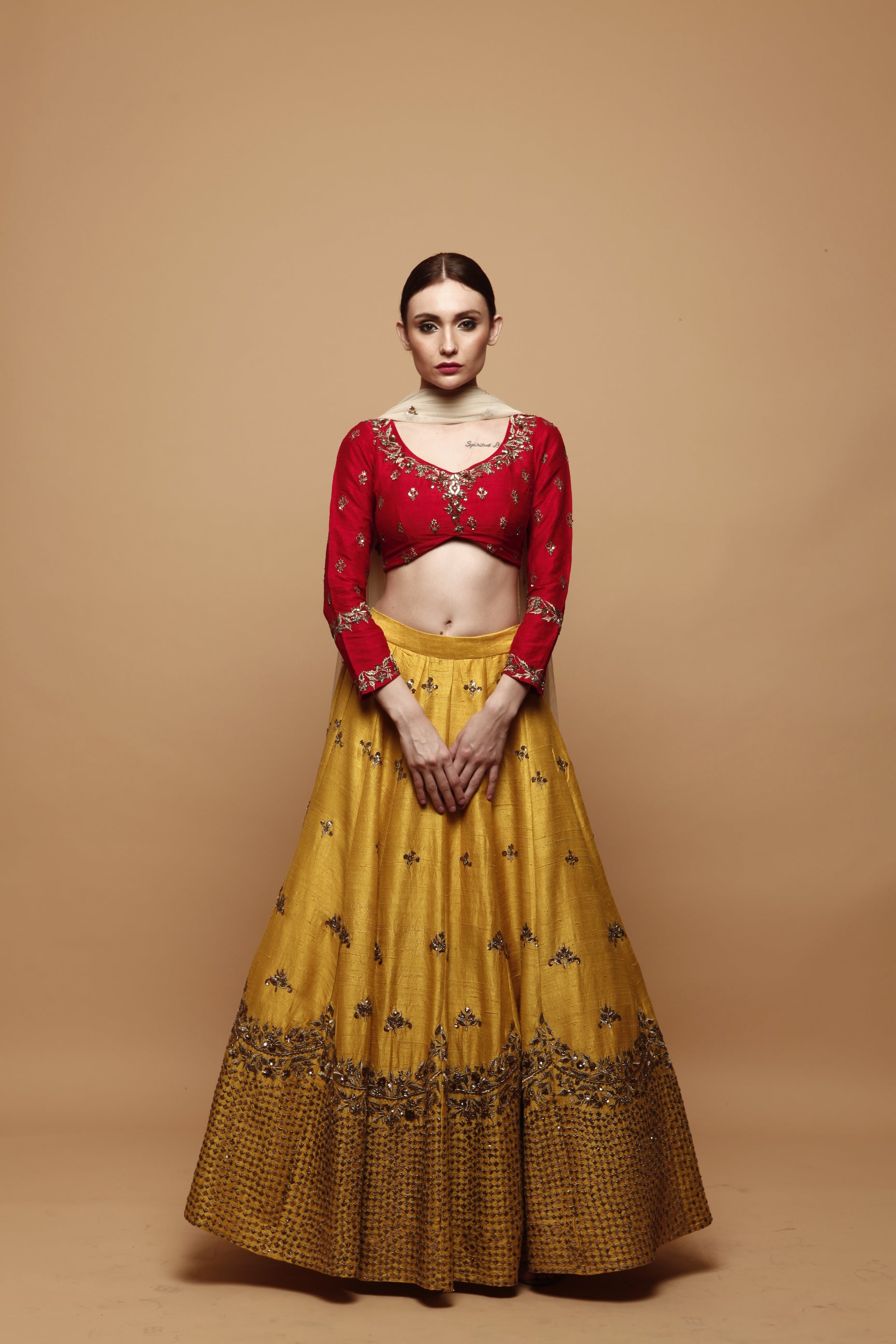 Mustard Yellow Lehenga With Red Blouse