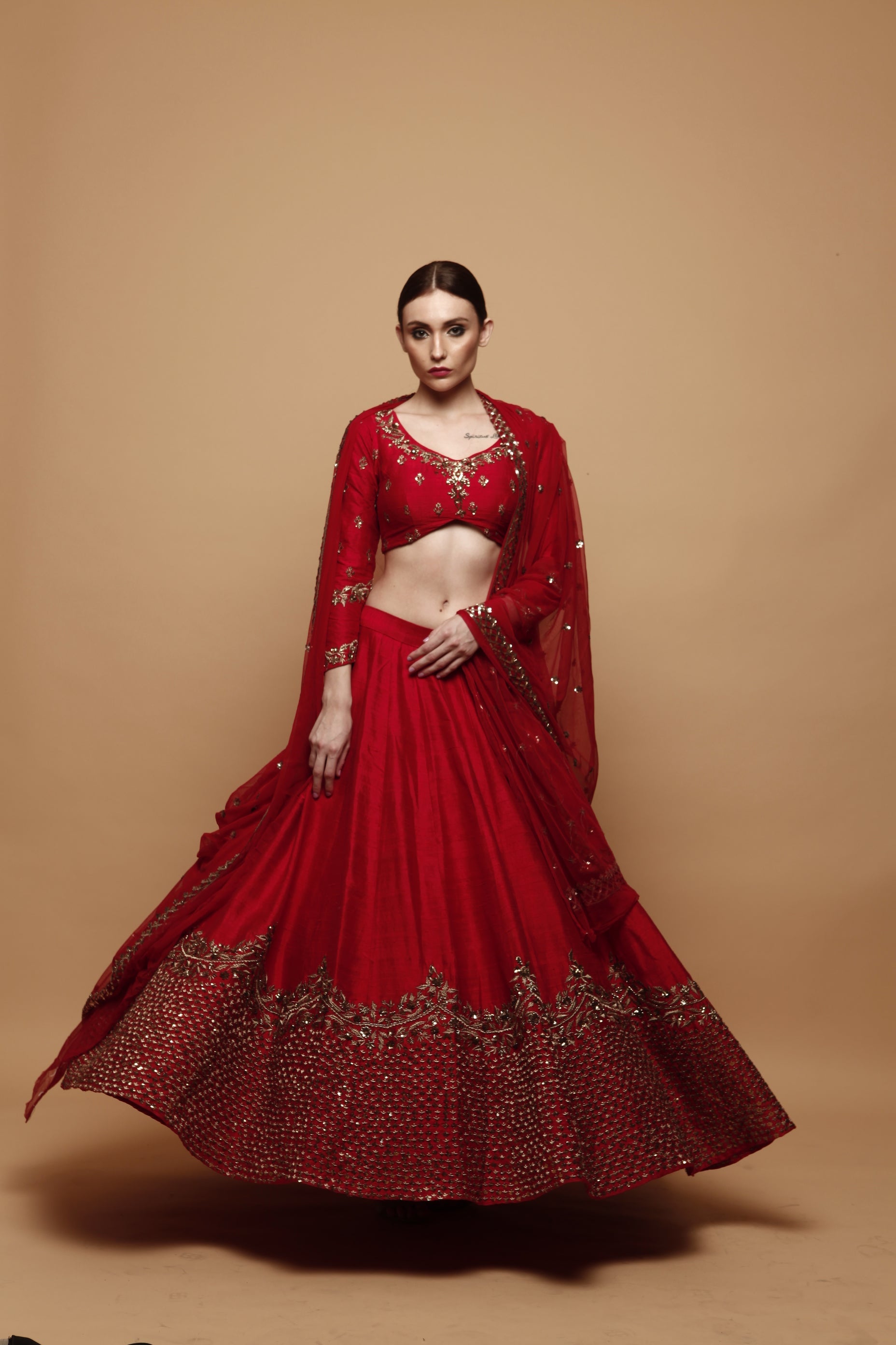 Red Lehenga With Gold Border