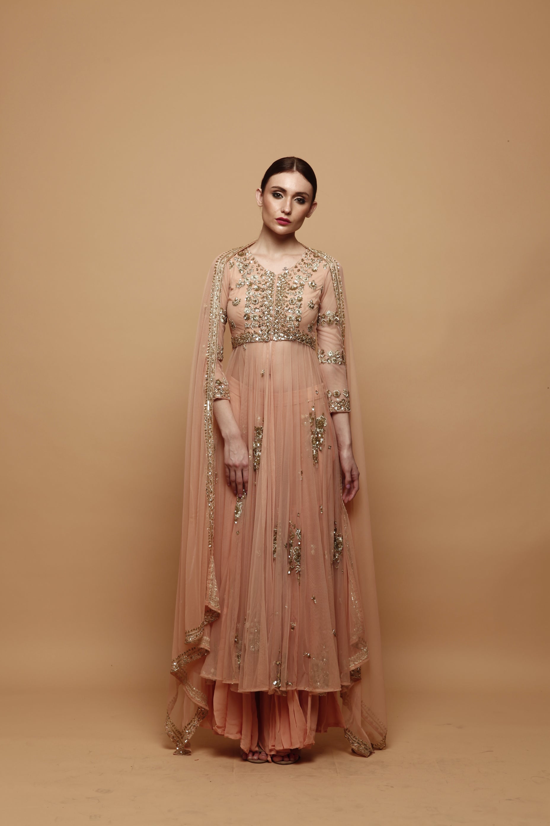 Peach Front Open Jacket And Sharara
