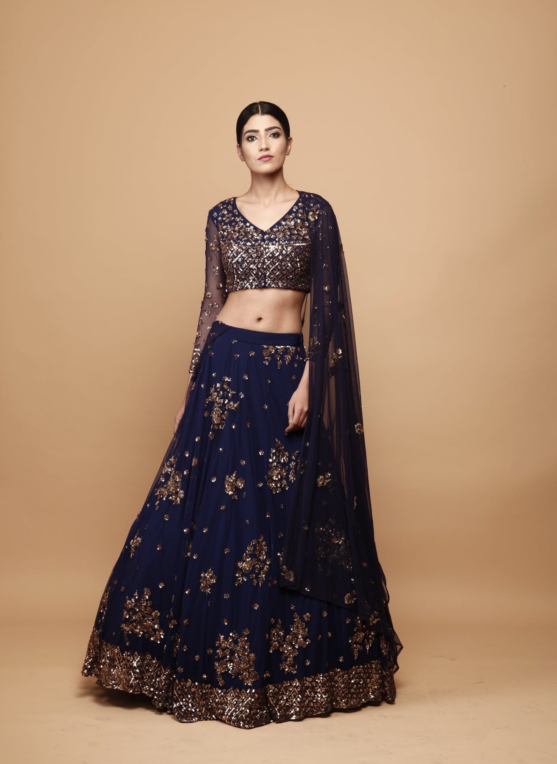 Navy Blue Floral Lehengaset