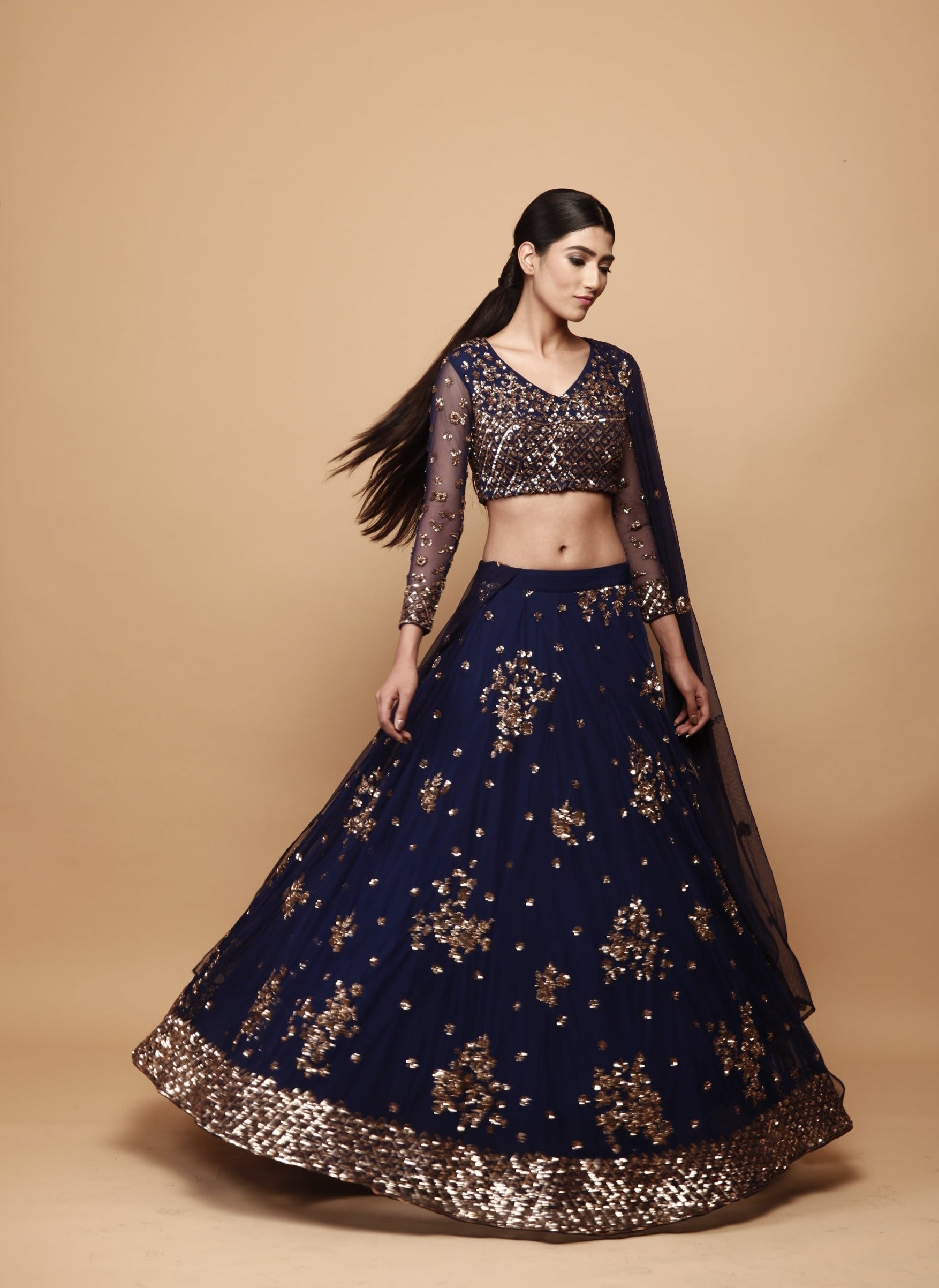 Navy Blue Floral Lehengaset