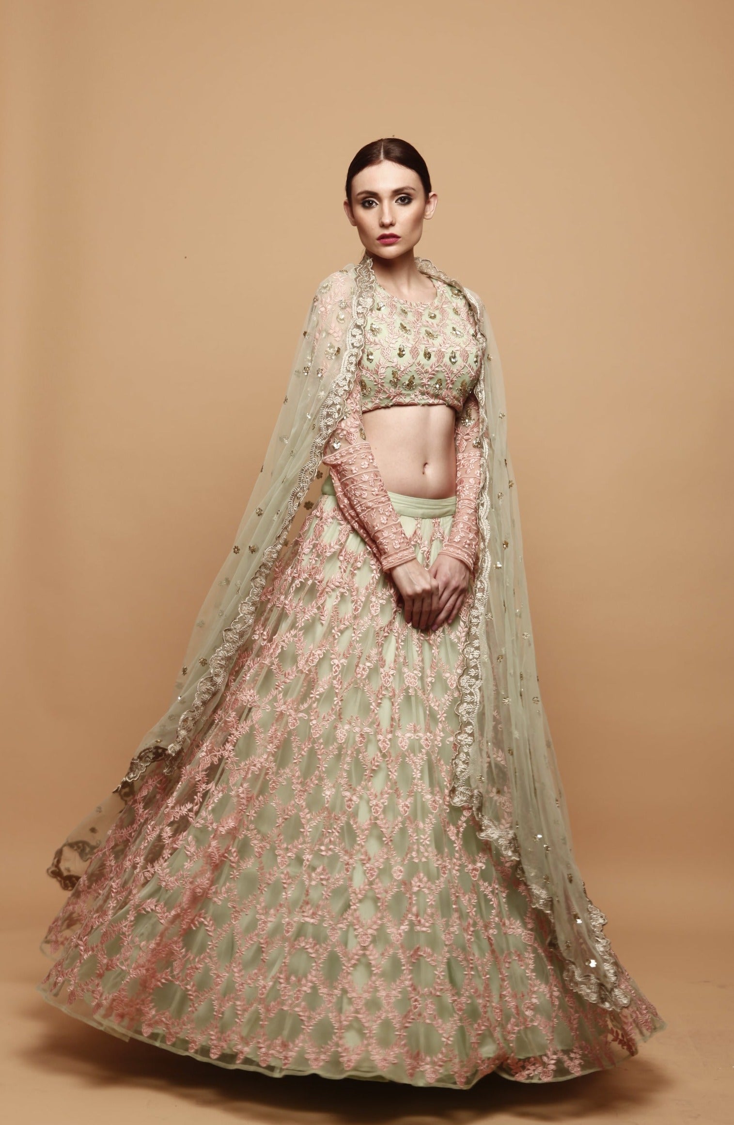 Green Lehenga With Pink Threadwork