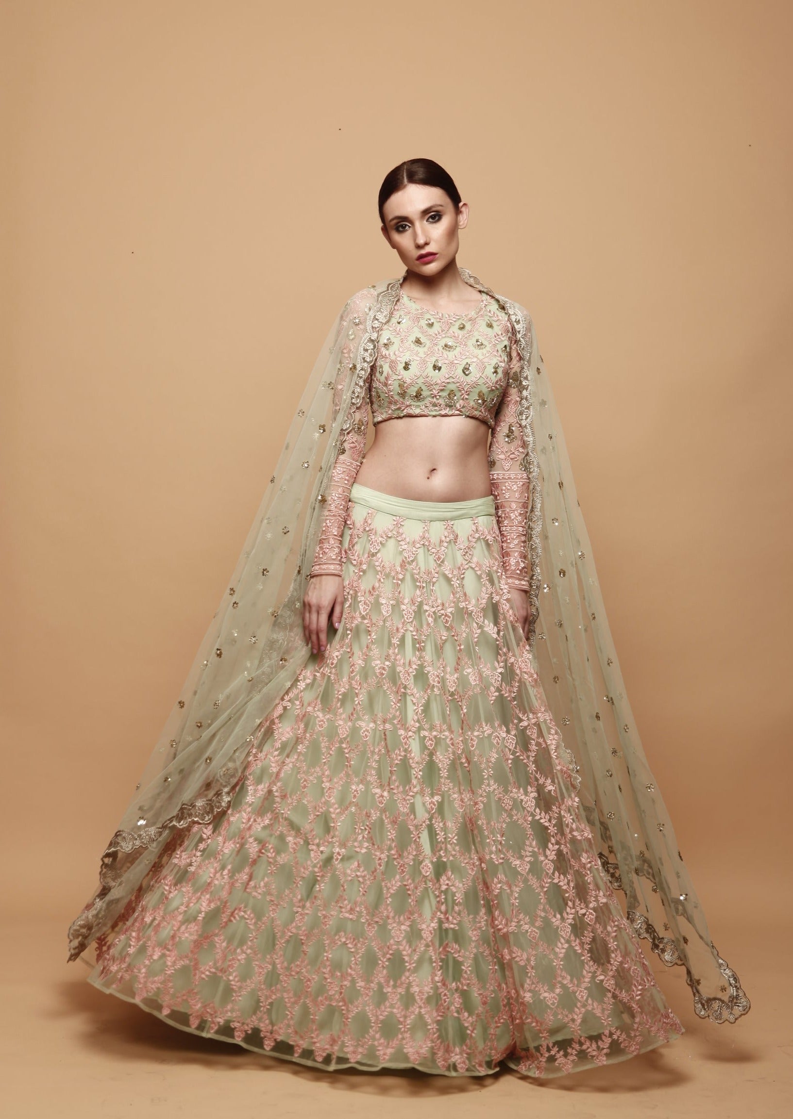 Green Lehenga With Pink Threadwork
