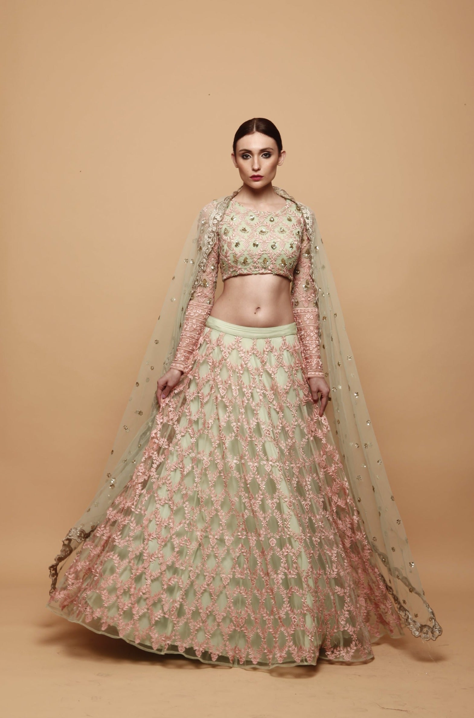 Green Lehenga With Pink Threadwork