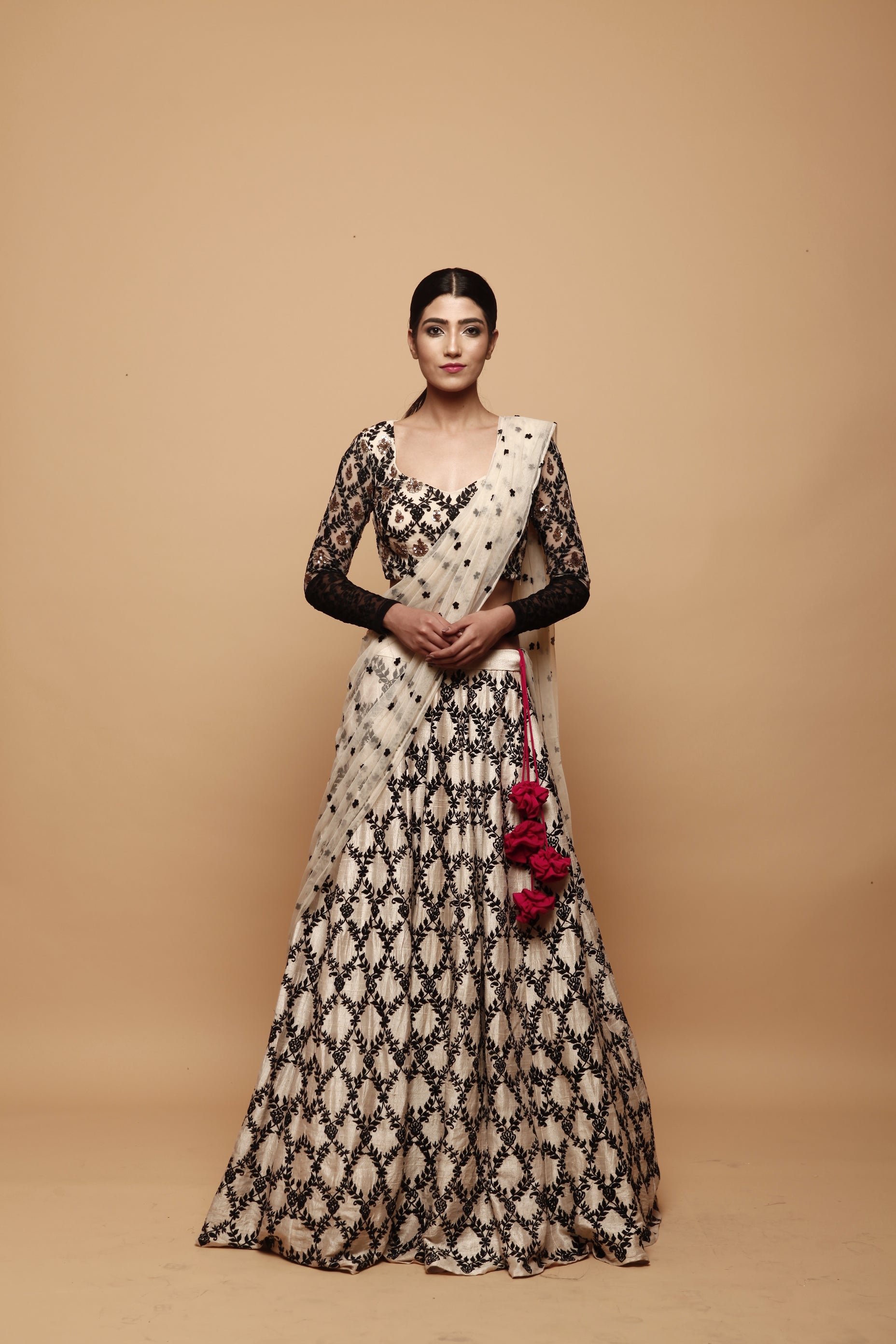 Cream With Black Threadwork Lehenga