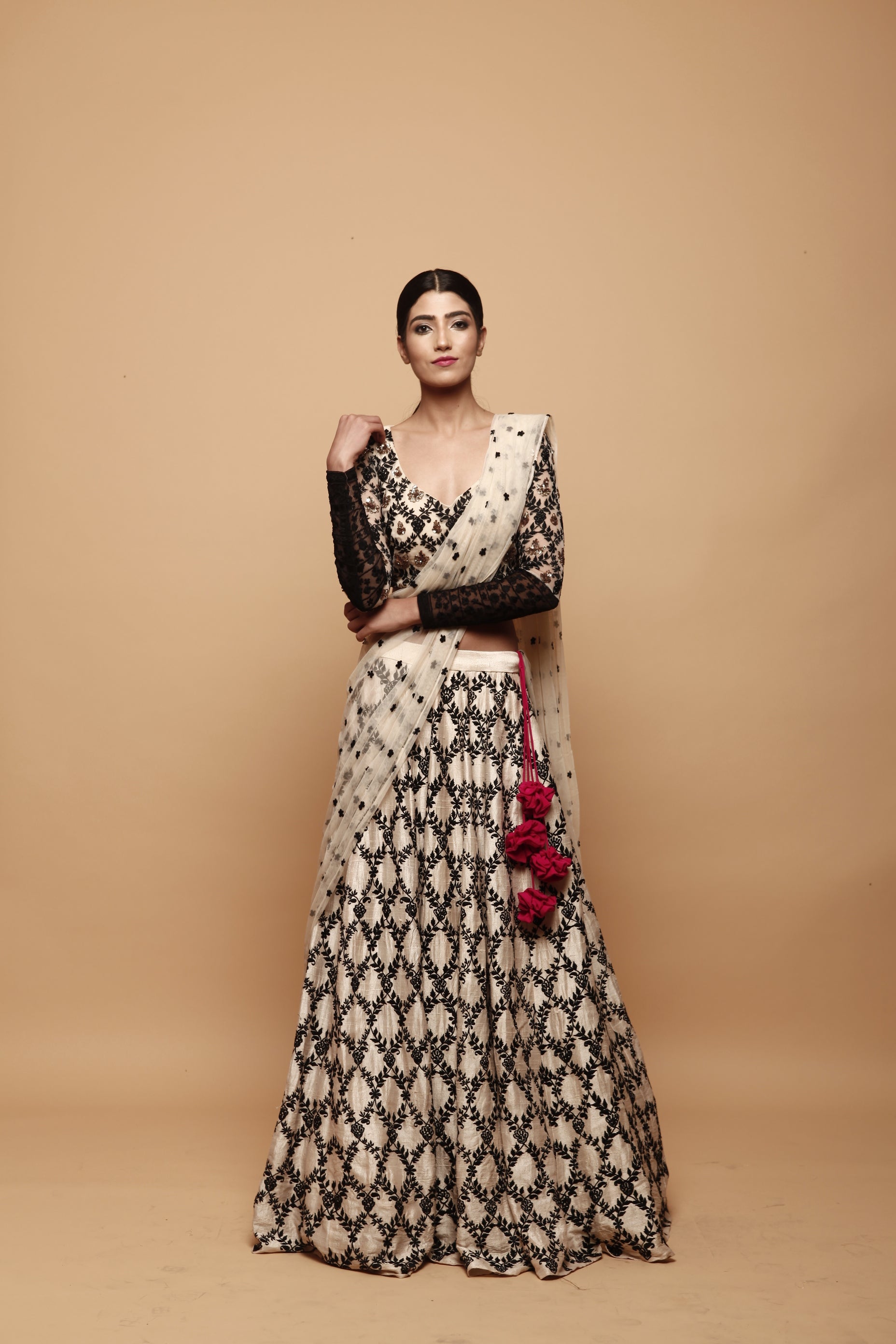 Cream With Black Threadwork Lehenga