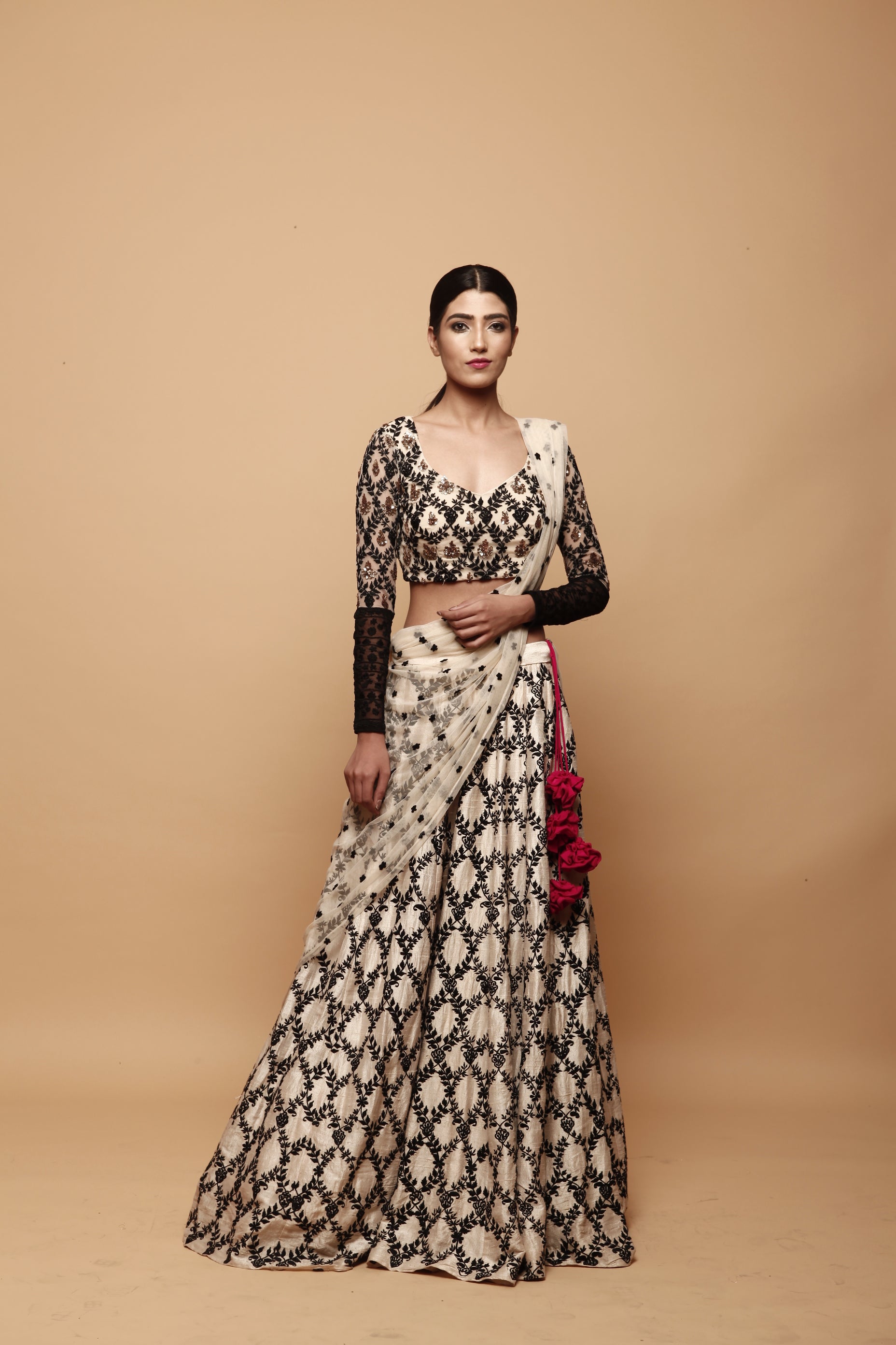 Cream With Black Threadwork Lehenga