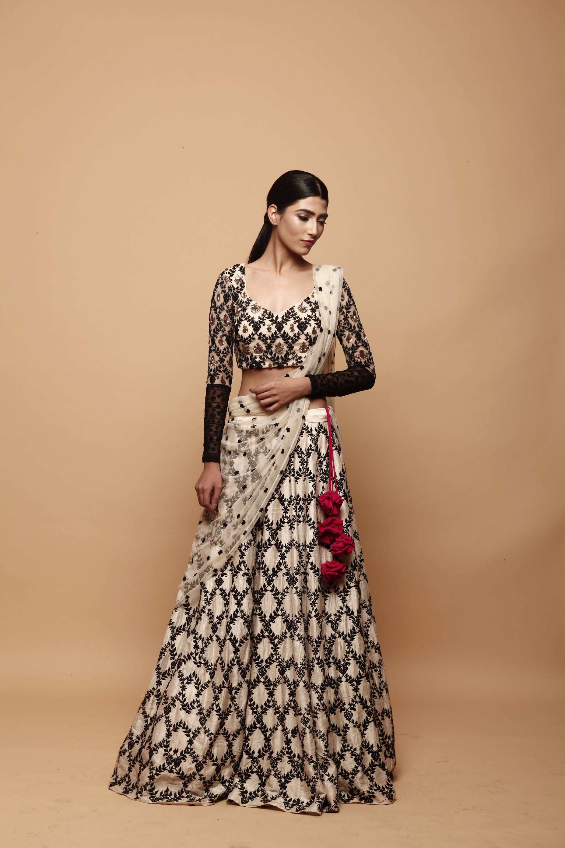 Cream With Black Threadwork Lehenga