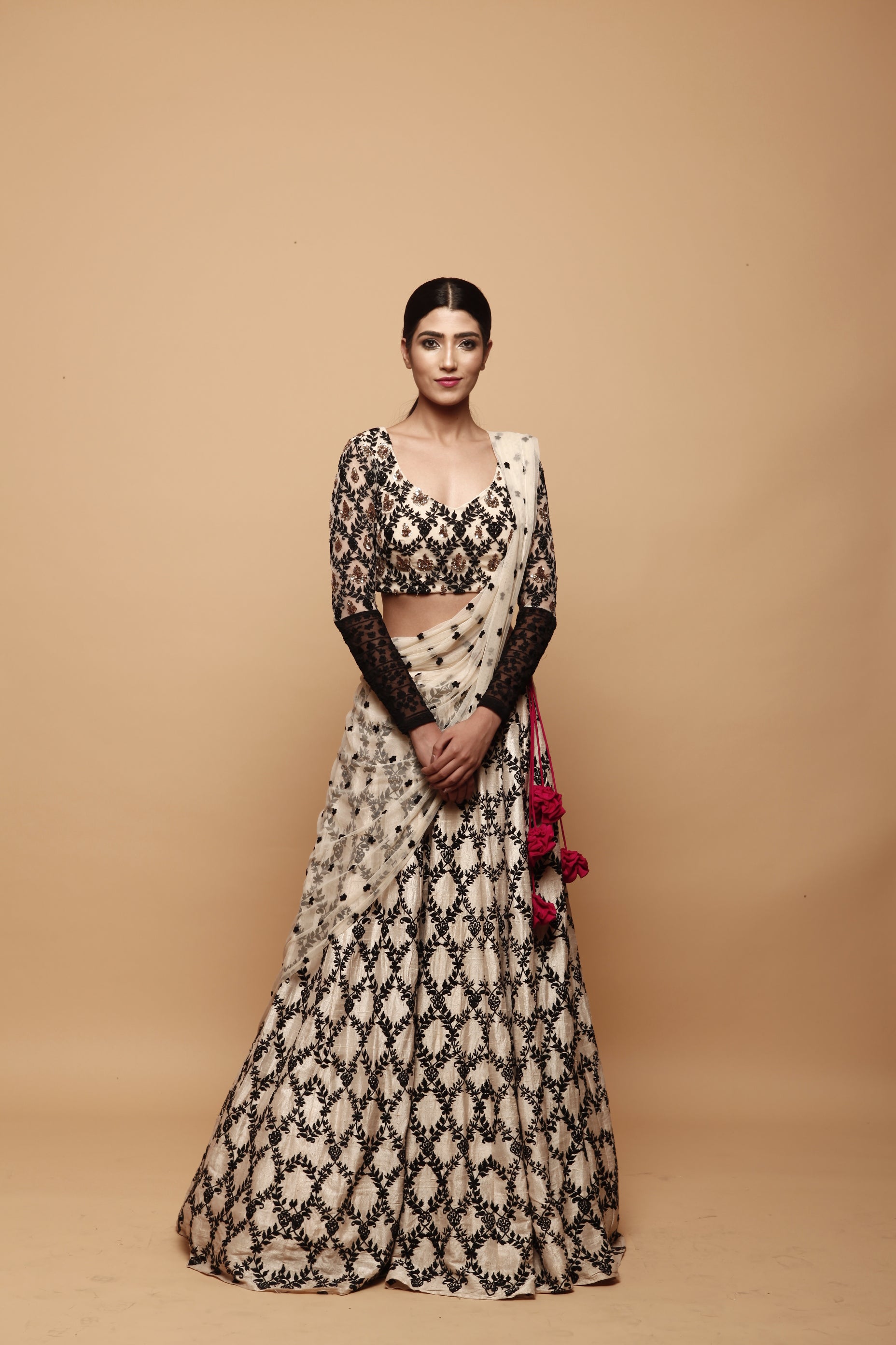 Cream With Black Threadwork Lehenga