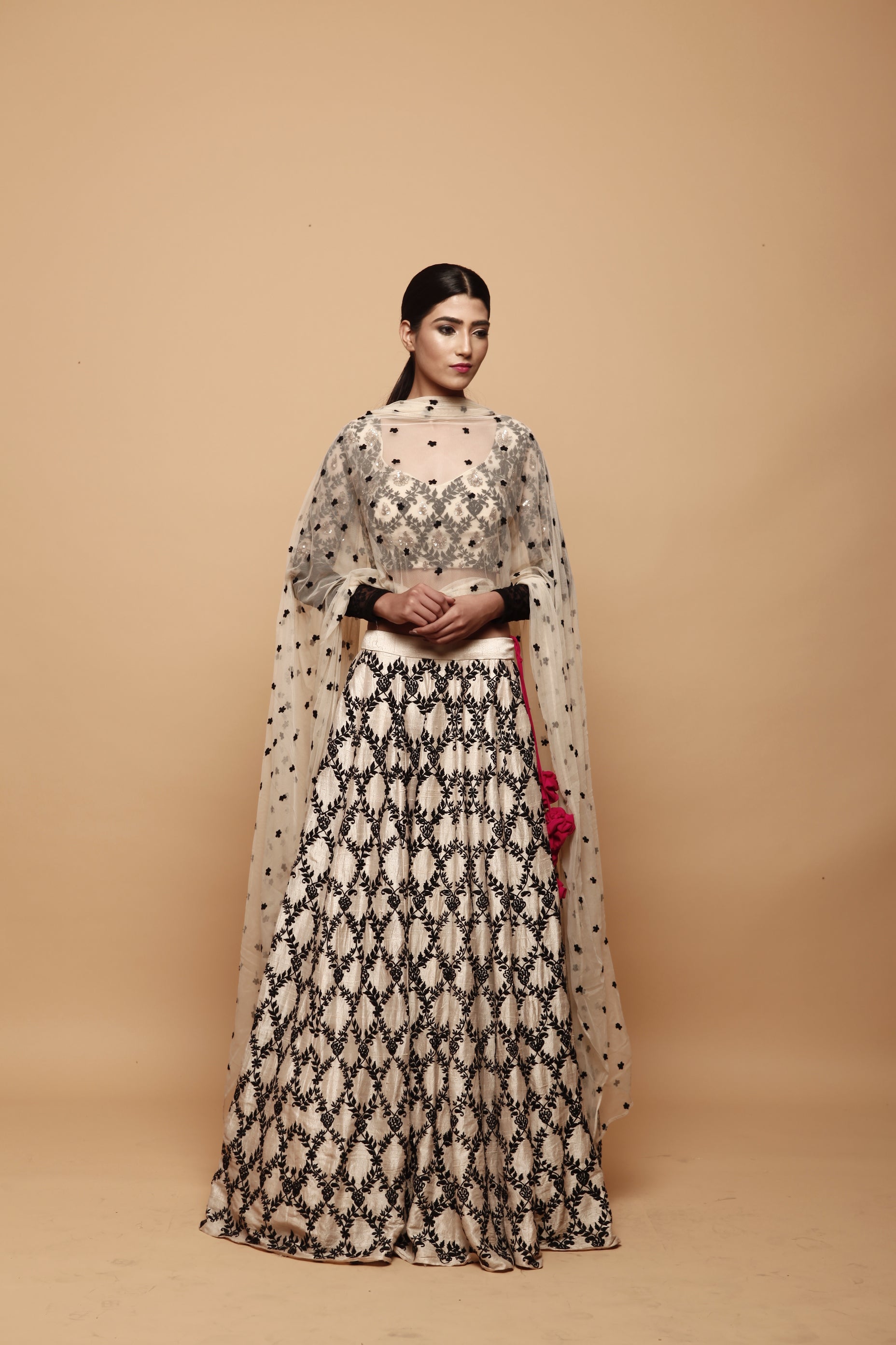 Cream With Black Threadwork Lehenga
