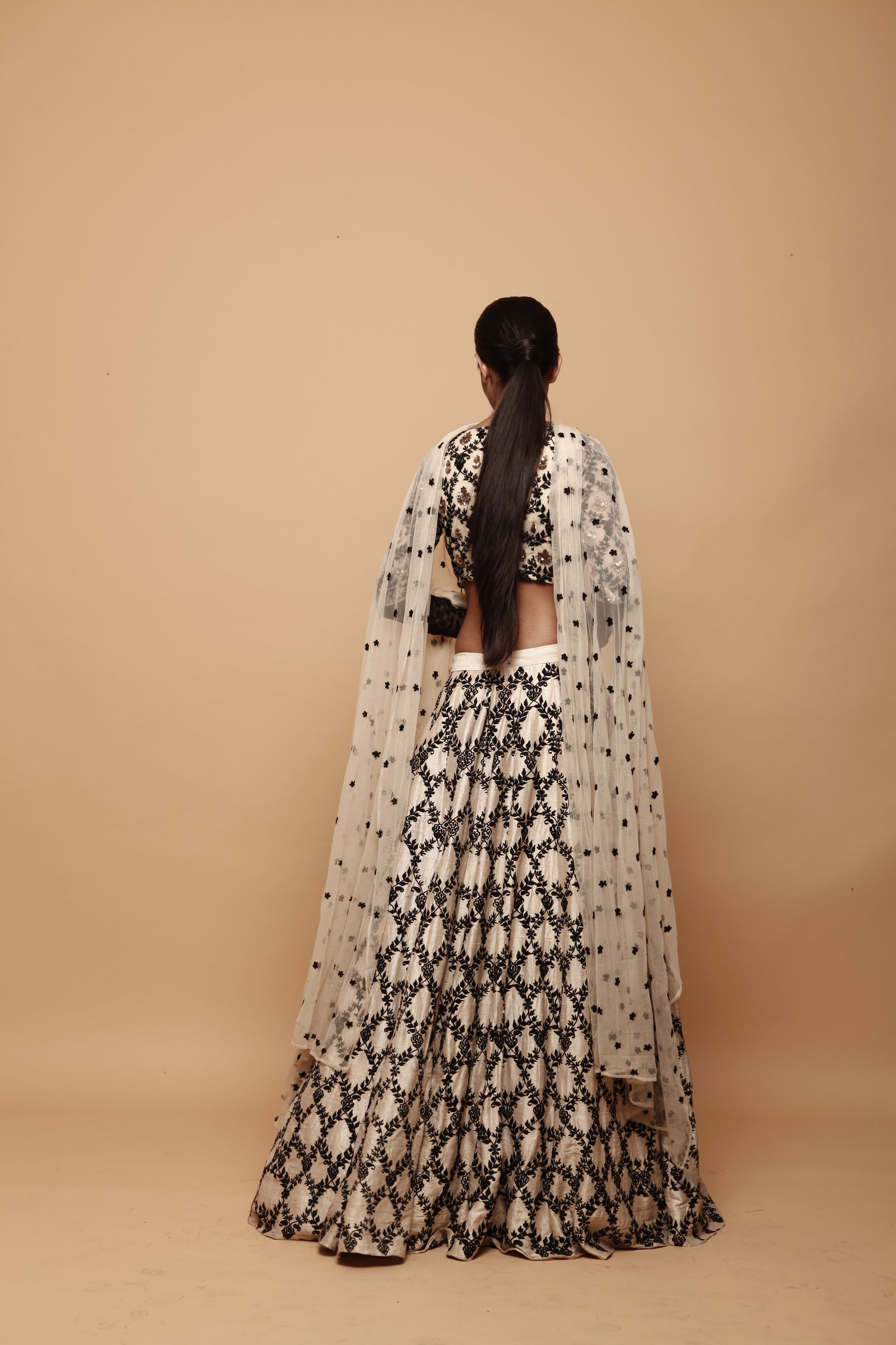 Cream With Black Threadwork Lehenga
