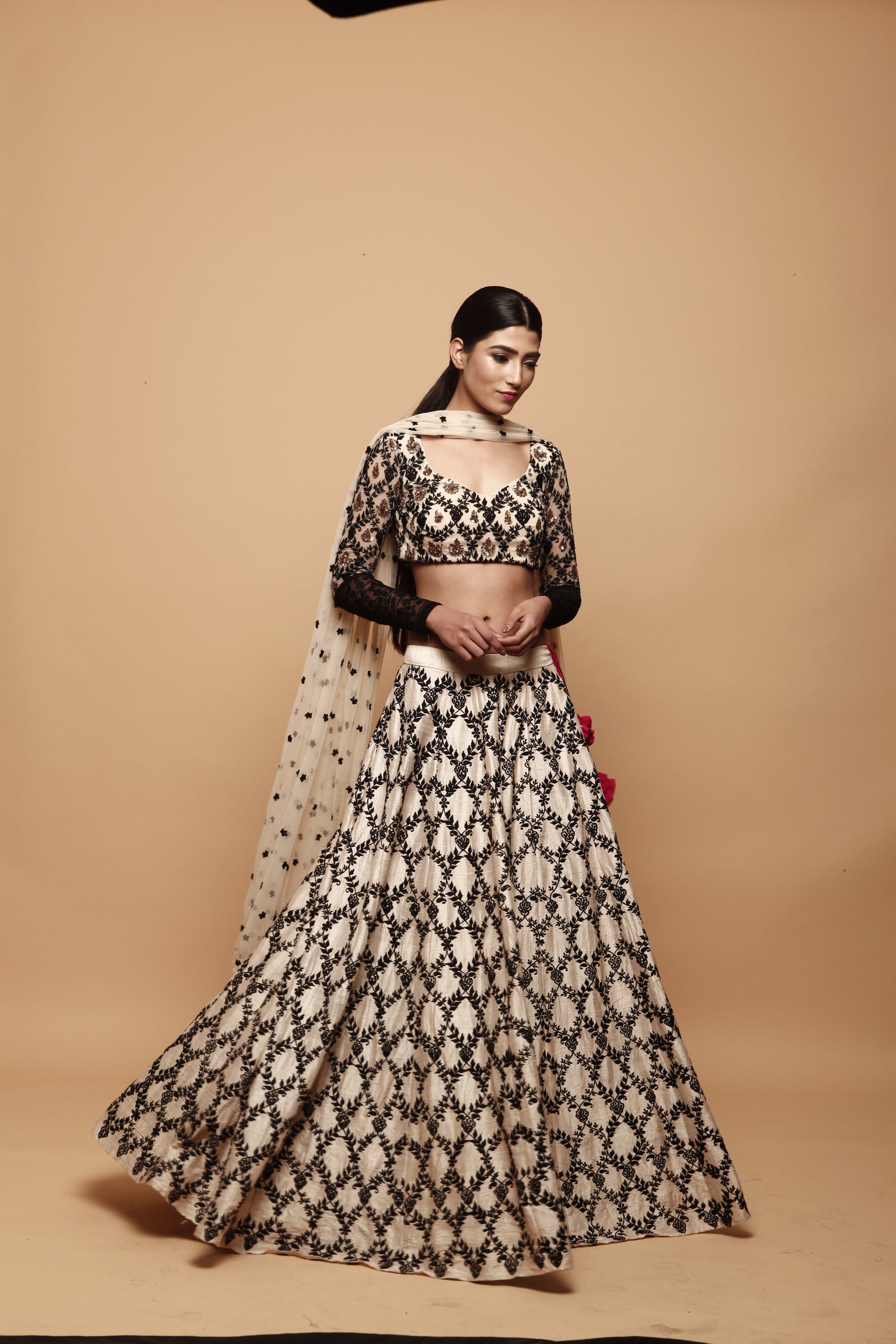 Cream With Black Threadwork Lehenga