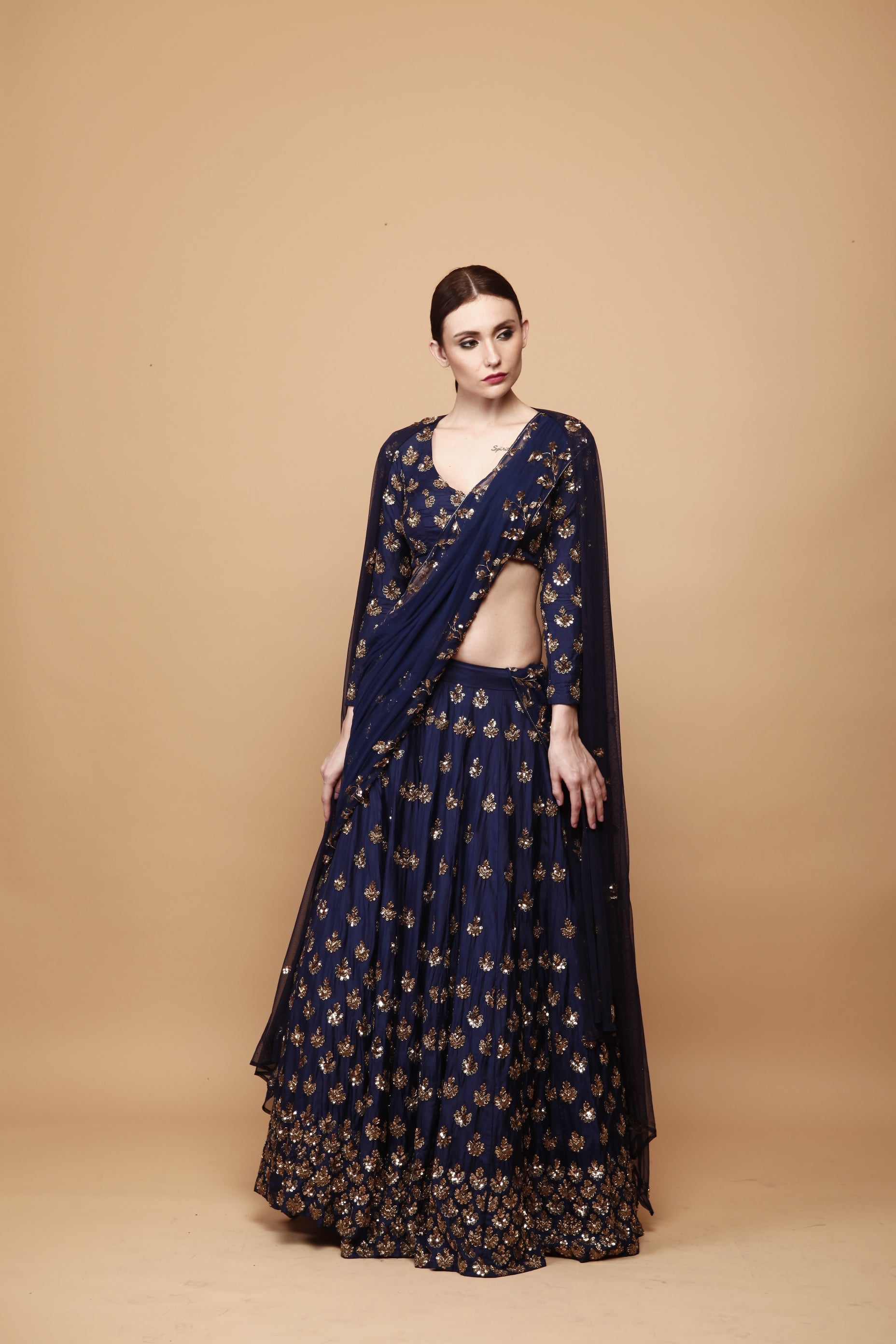 Navy Blue Embroidery Booti Lehenga Set