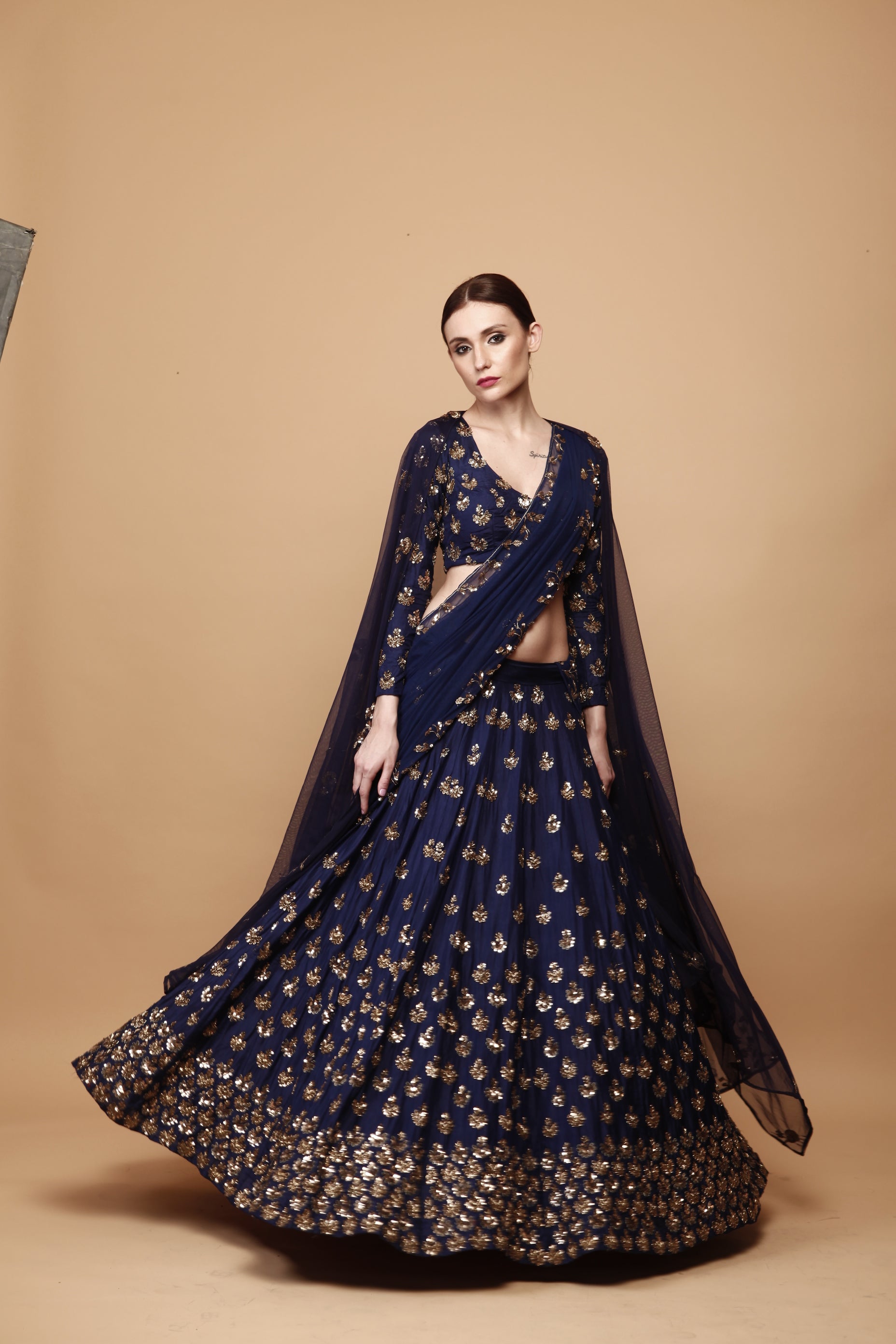 Navy Blue Embroidery Booti Lehenga Set