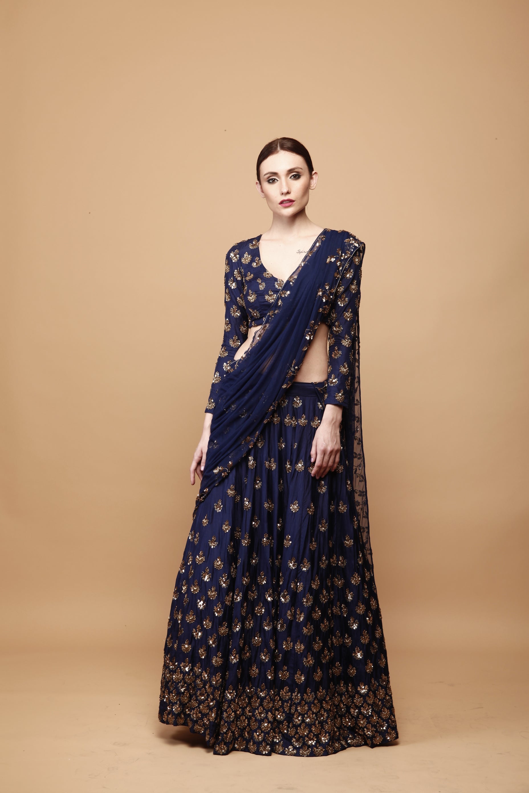 Navy Blue Embroidery Booti Lehenga Set