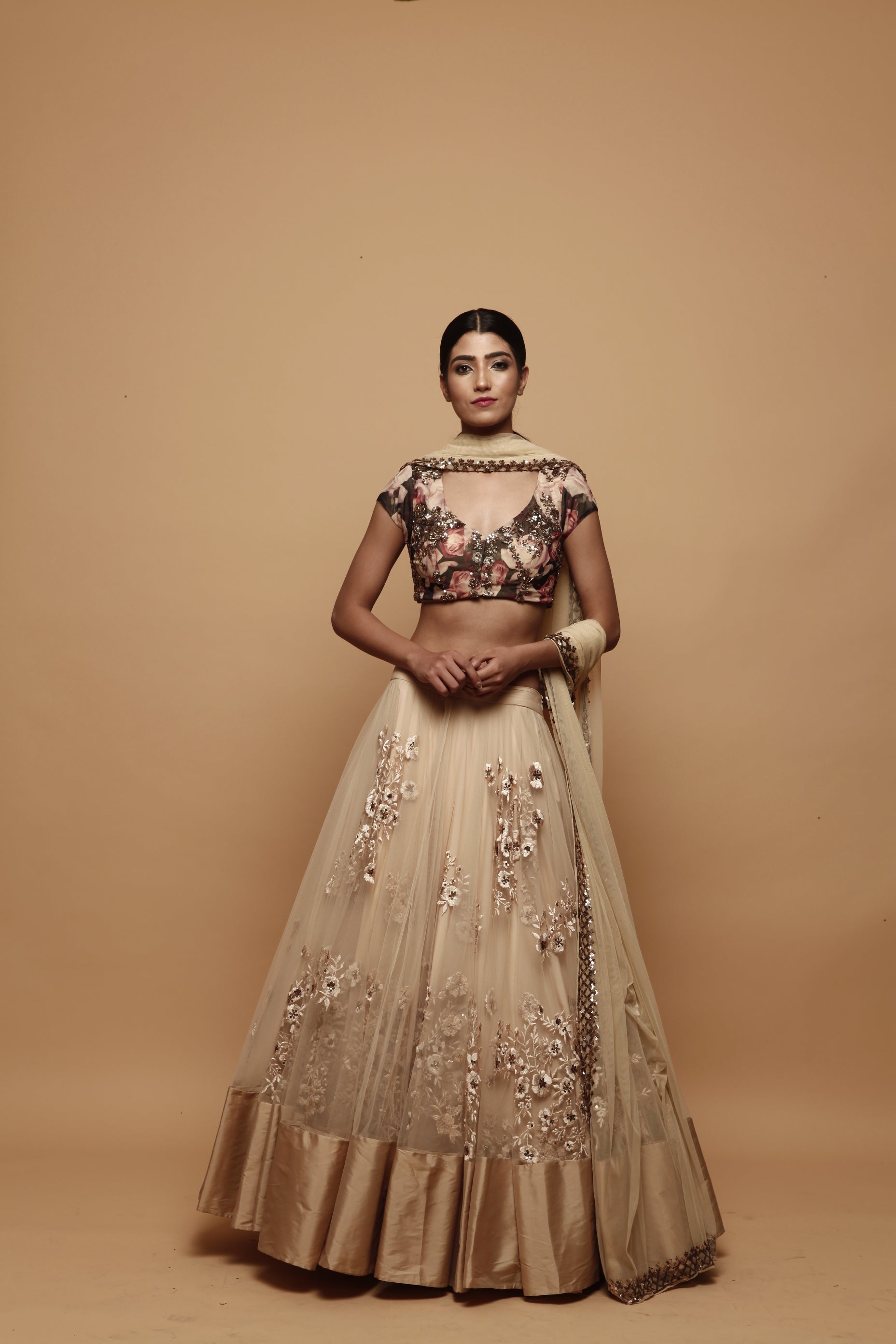 Off White Thread Lehenga With Floral Print Choli