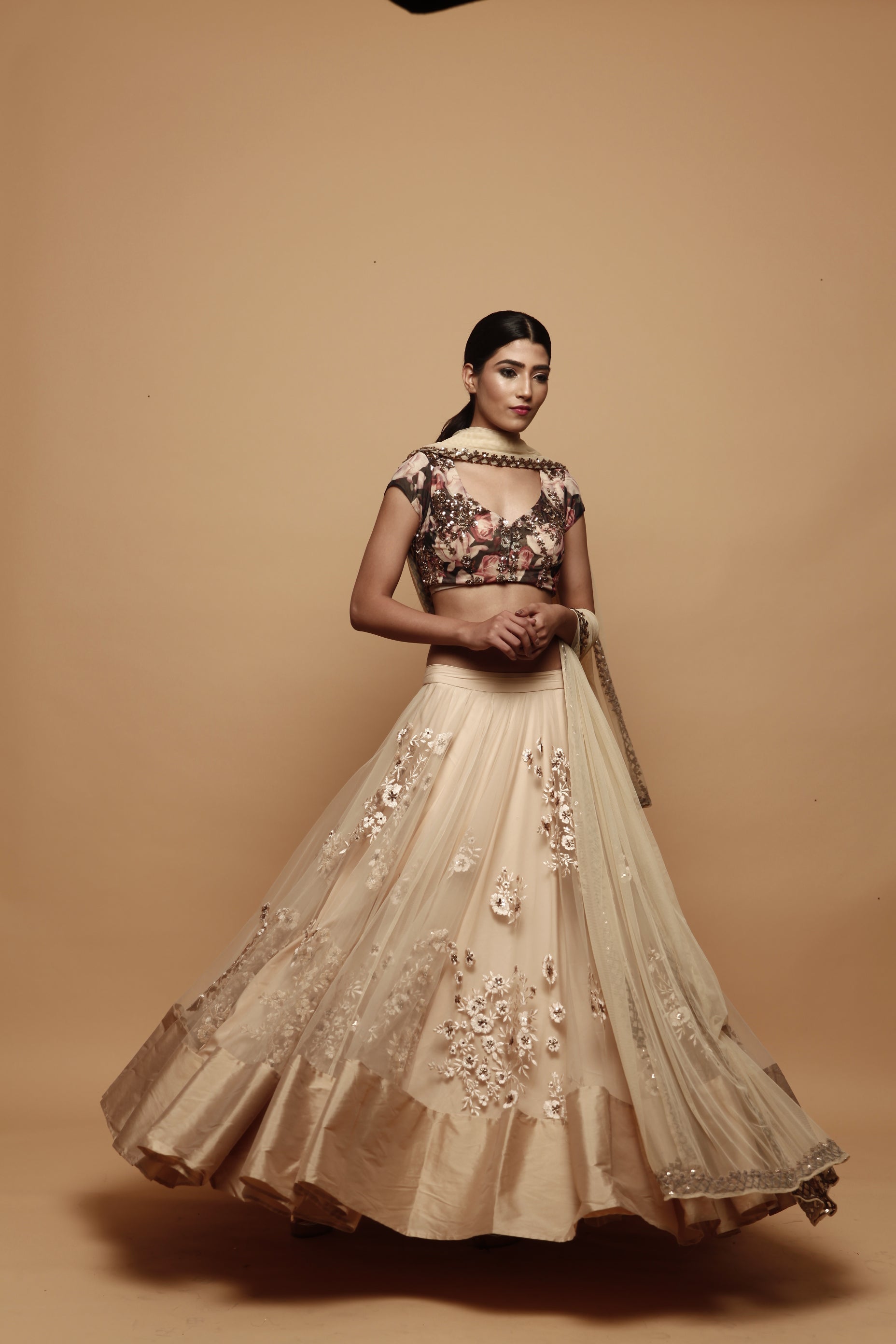 Off White Thread Lehenga With Floral Print Choli