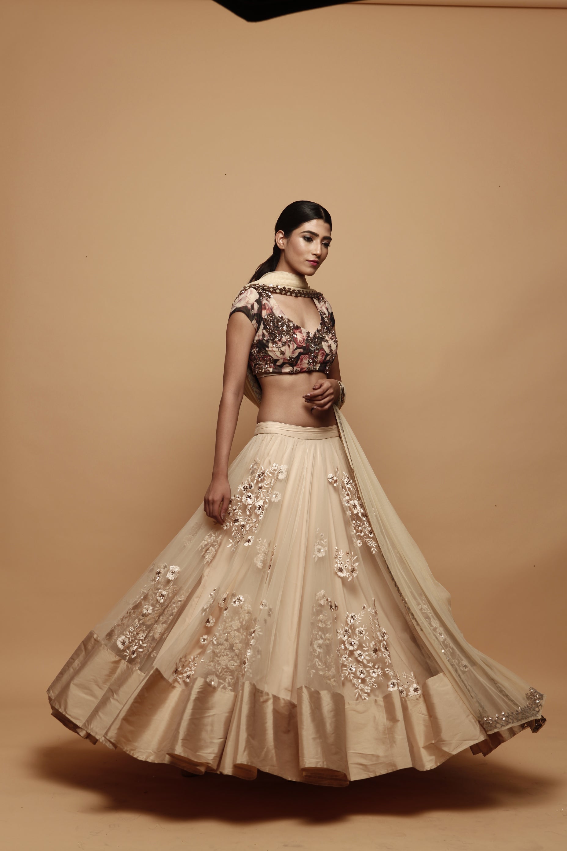 Off White Thread Lehenga With Floral Print Choli
