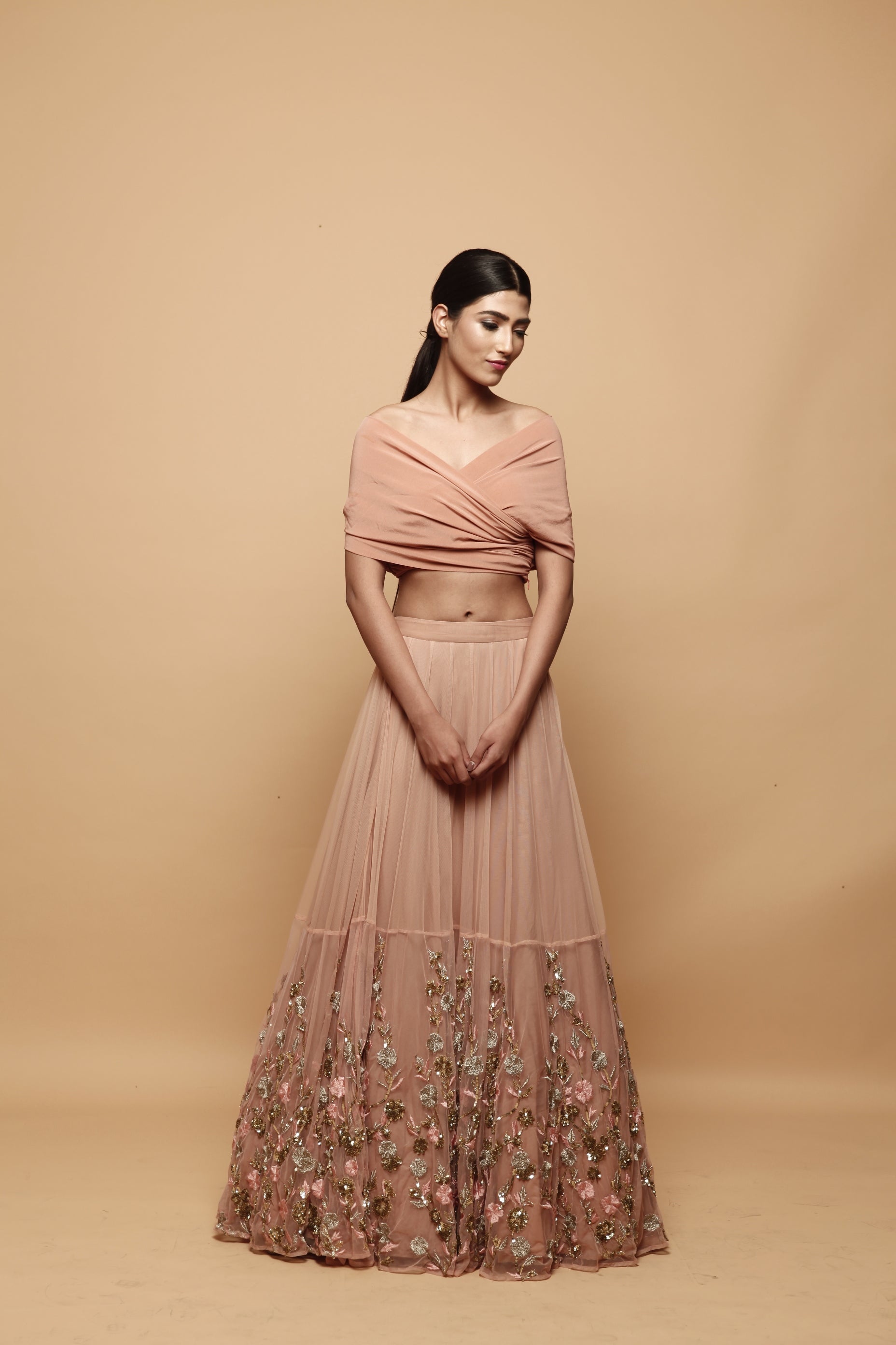 Off Shoulder Peach Lehenga