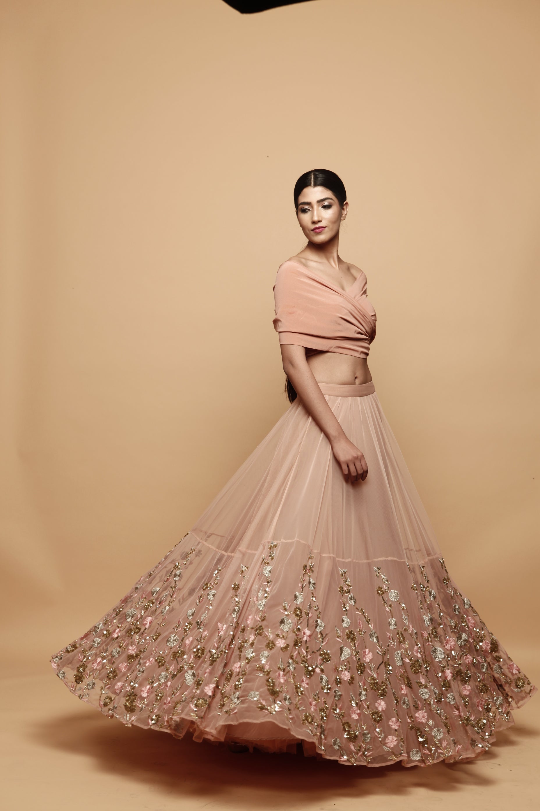 Off Shoulder Peach Lehenga