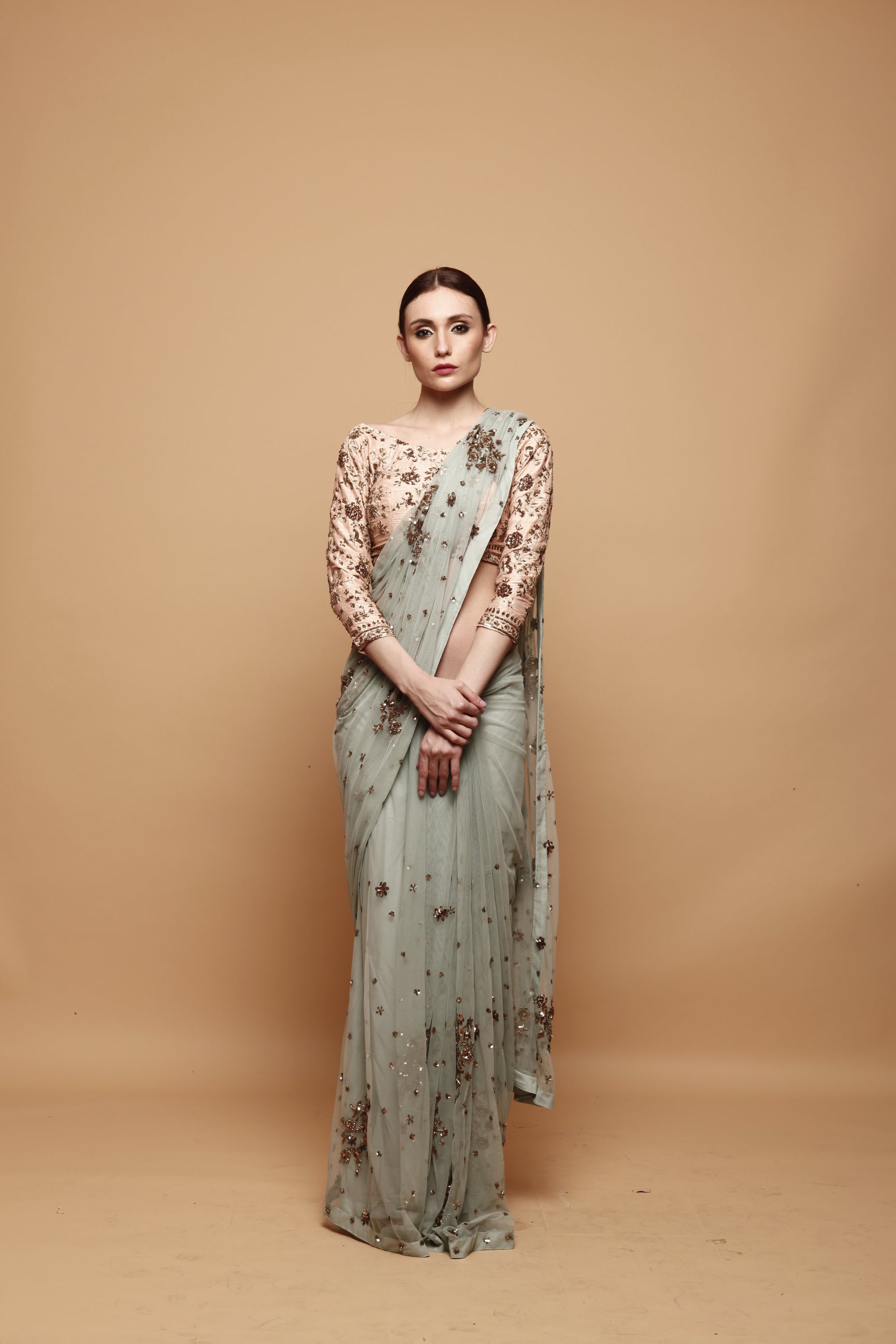 Sky Blue Saree With Pink Blouse