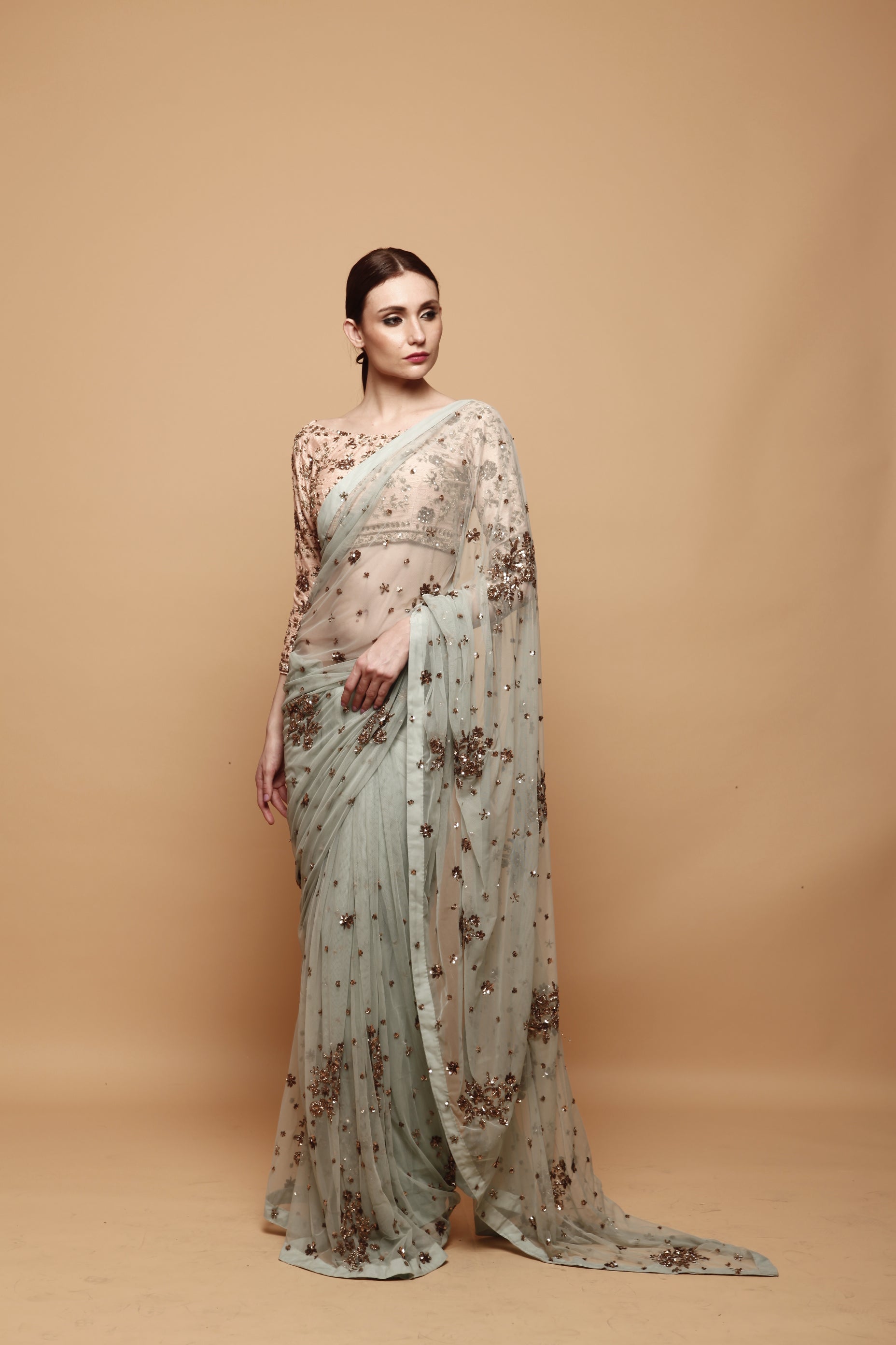 Sky Blue Saree With Pink Blouse