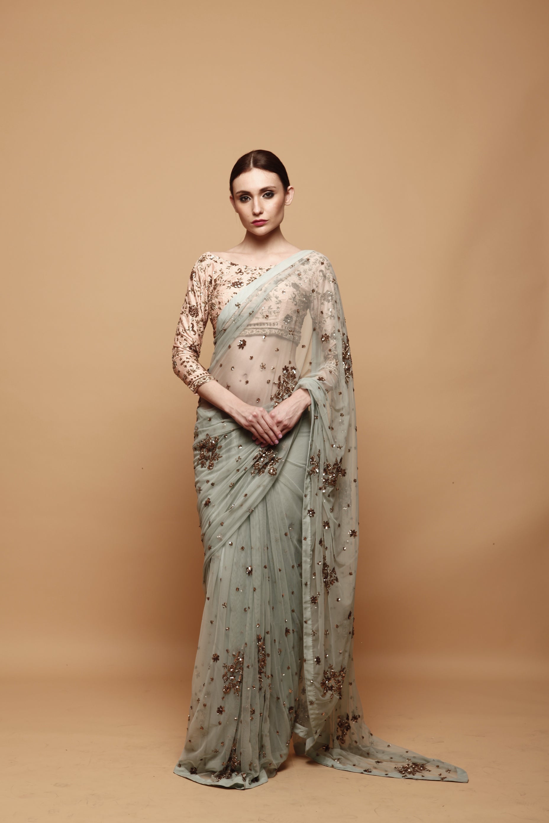 Sky Blue Saree With Pink Blouse