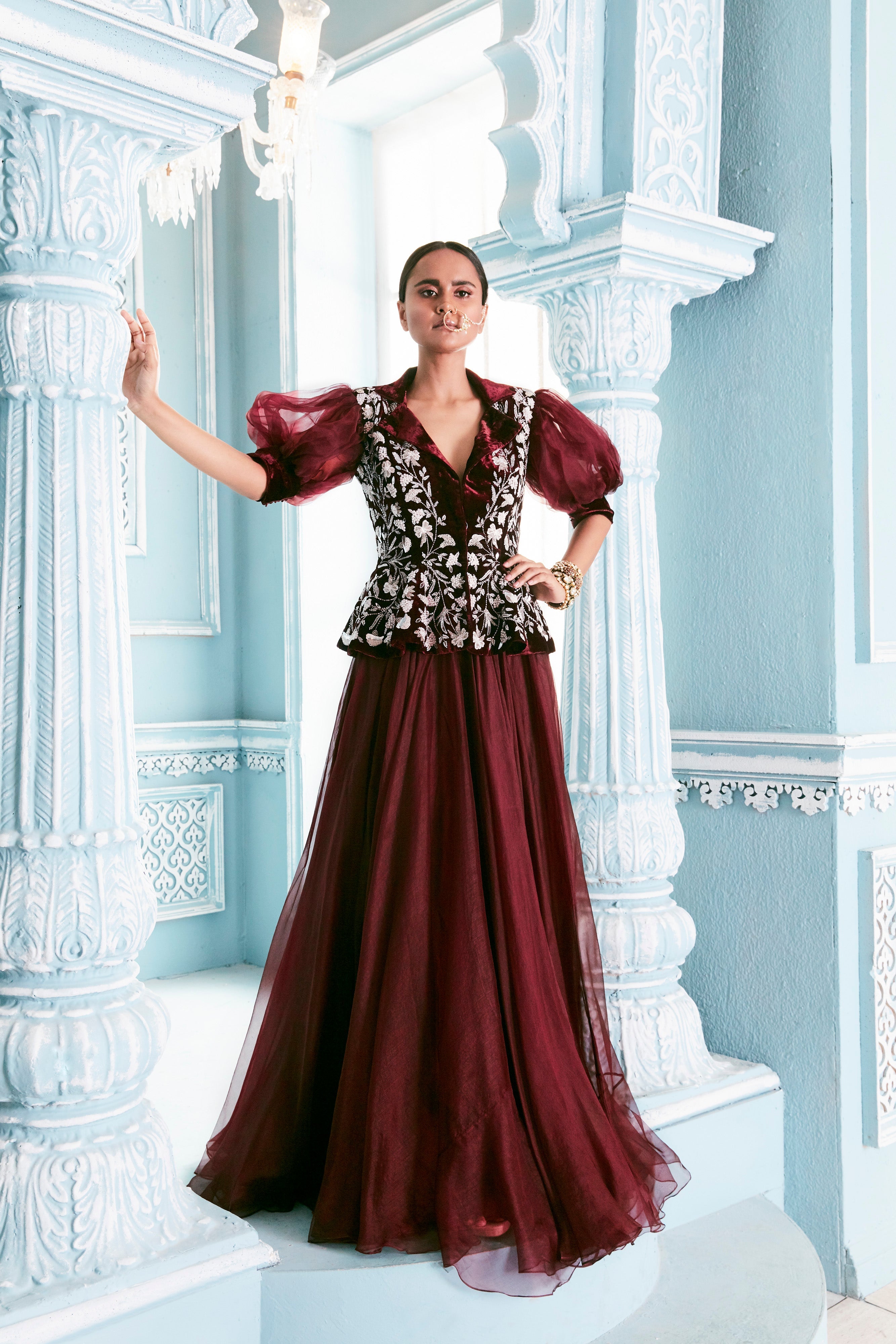 Peplum Blazer With Organza Lehenga Set