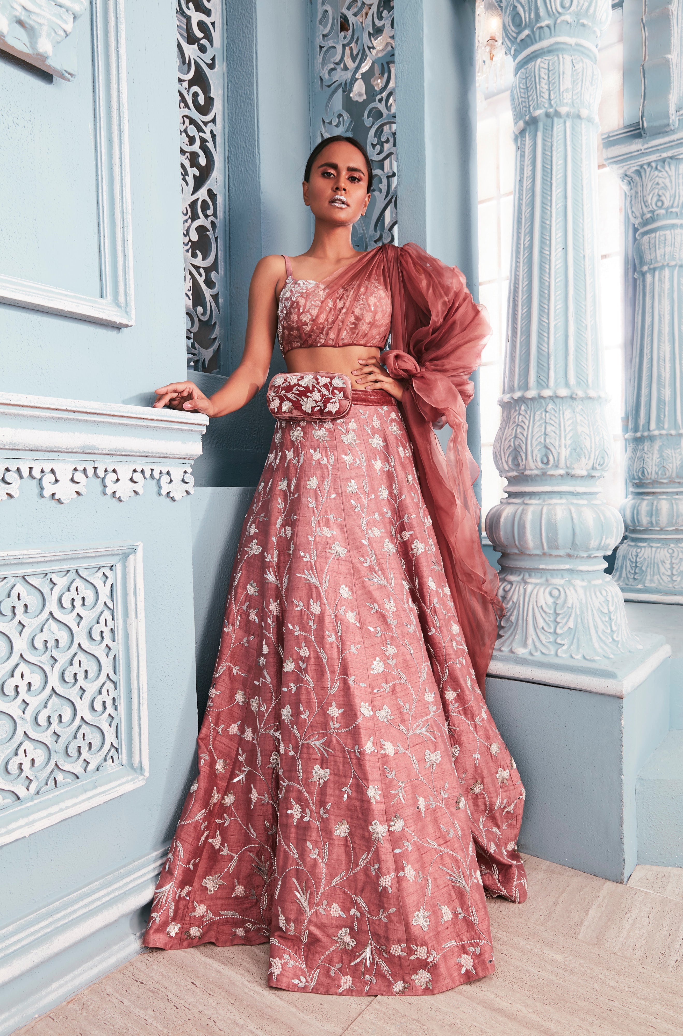 Corset Blouse With Organza Sleeve And Full Embellished Lehenga Set