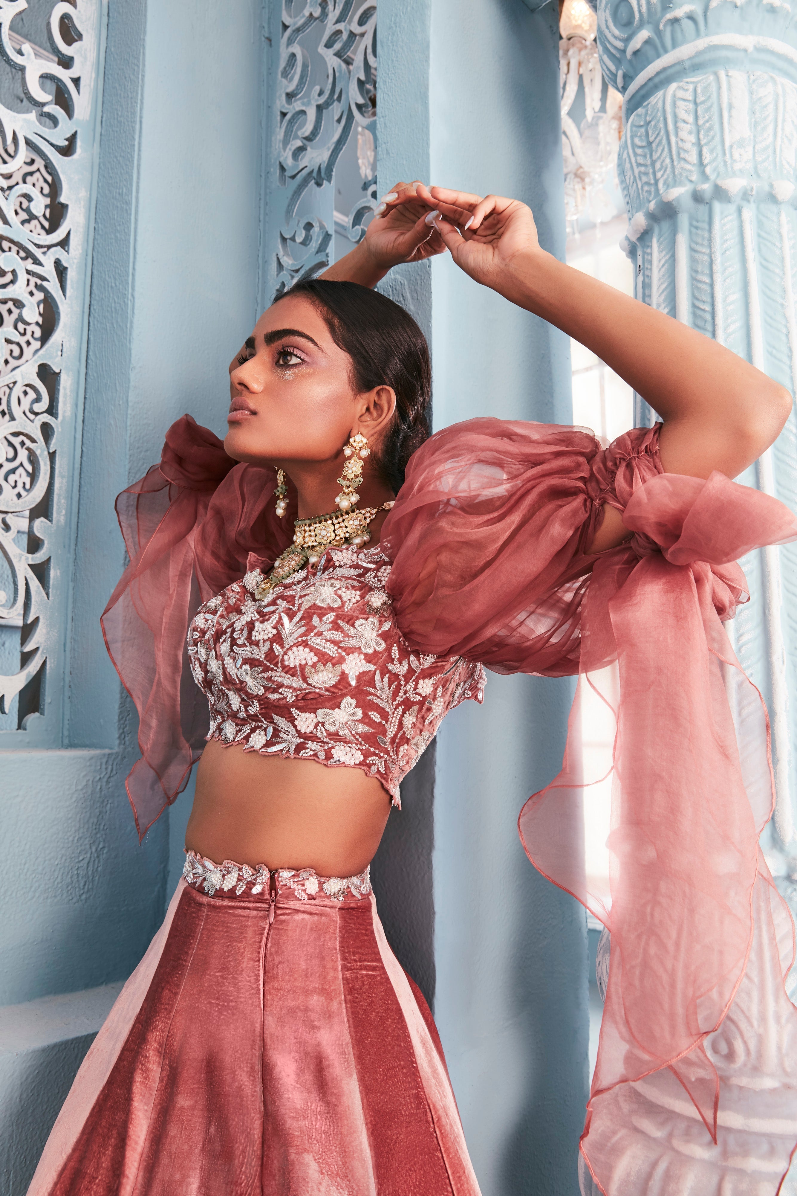 Full Embellished Blouse With Tulip Bunch Lehenga Set