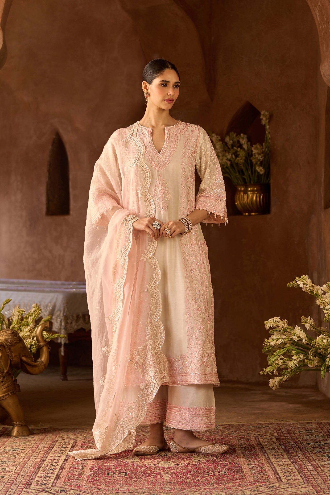 NURVI - DAISY IVORY WITH PINK LONG A-LINE KURTA WITH PALAZZO AND DUPATTA