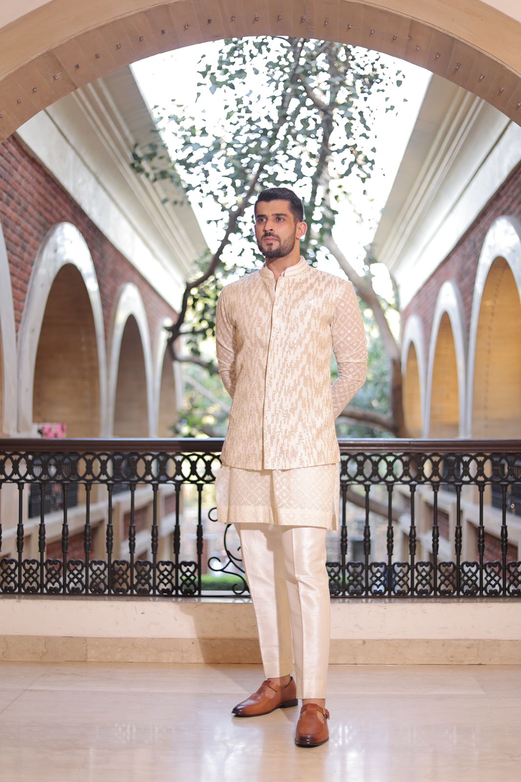 Anvit Oberoi in Ivory gold nehru with kurta