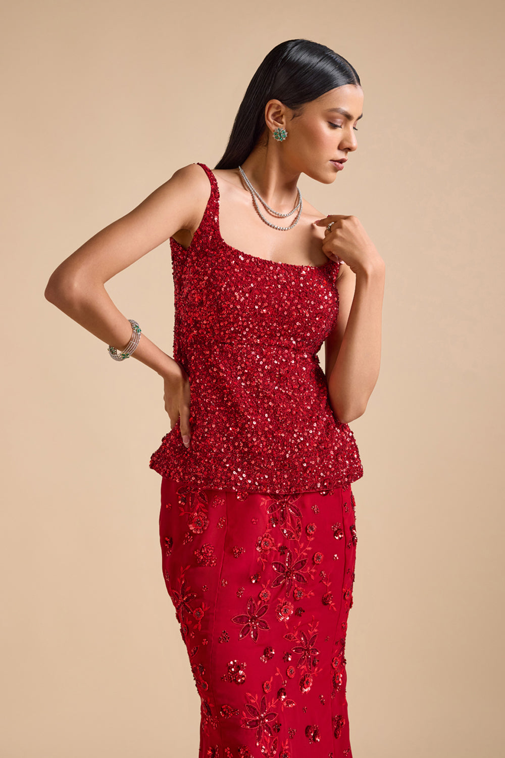 Peplum Top and Slit Skirt Set