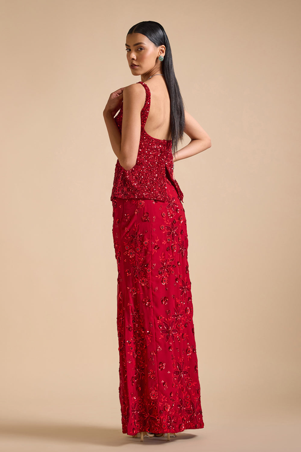 Peplum Top and Slit Skirt Set