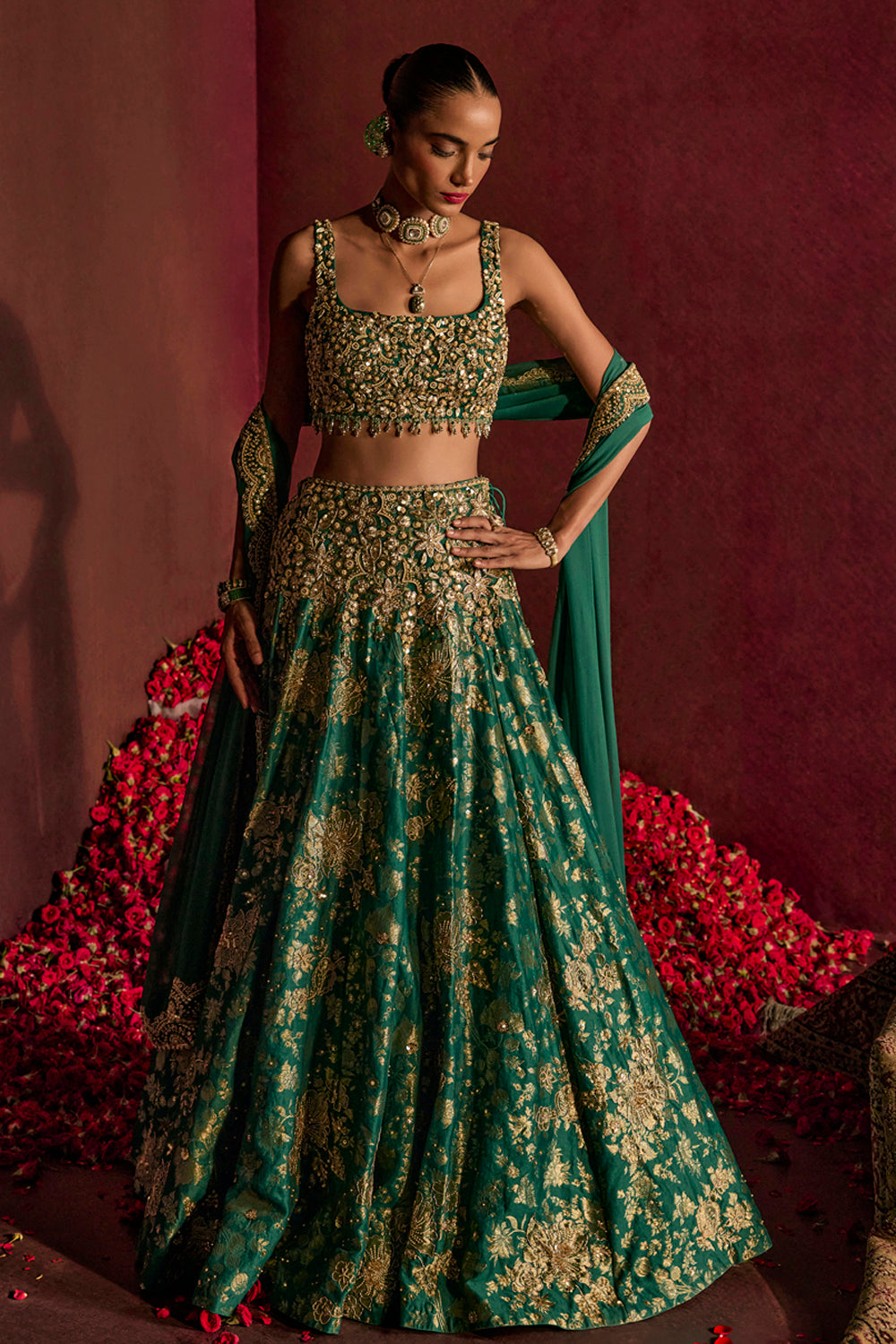Teal Broad Belt Brocade Lehenga Set