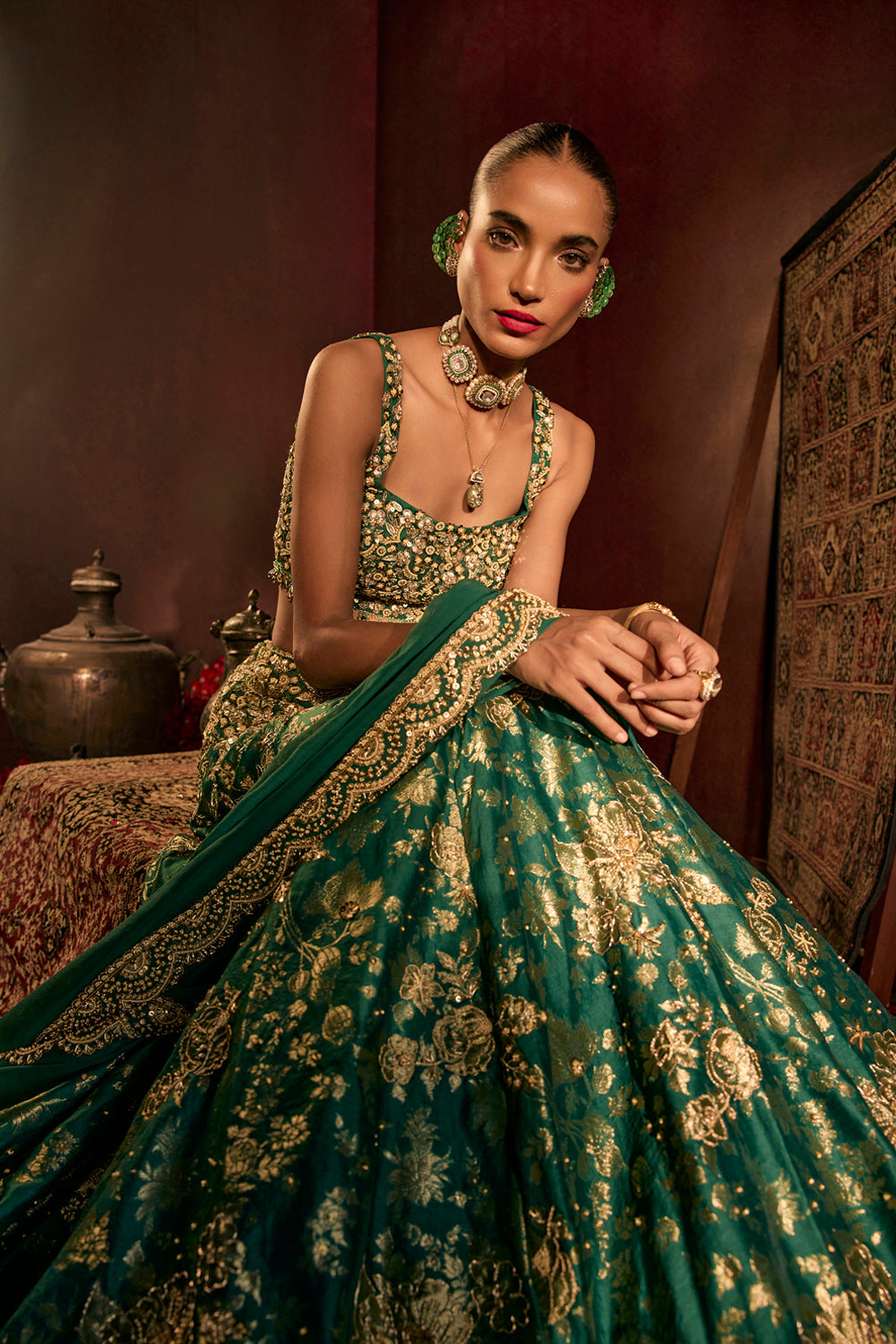 Teal Broad Belt Brocade Lehenga Set