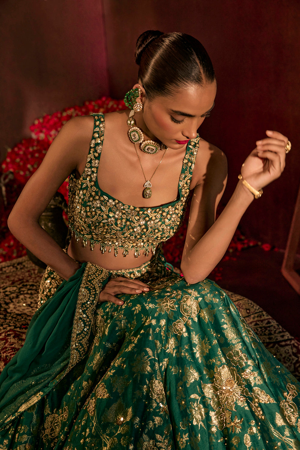 Teal Broad Belt Brocade Lehenga Set