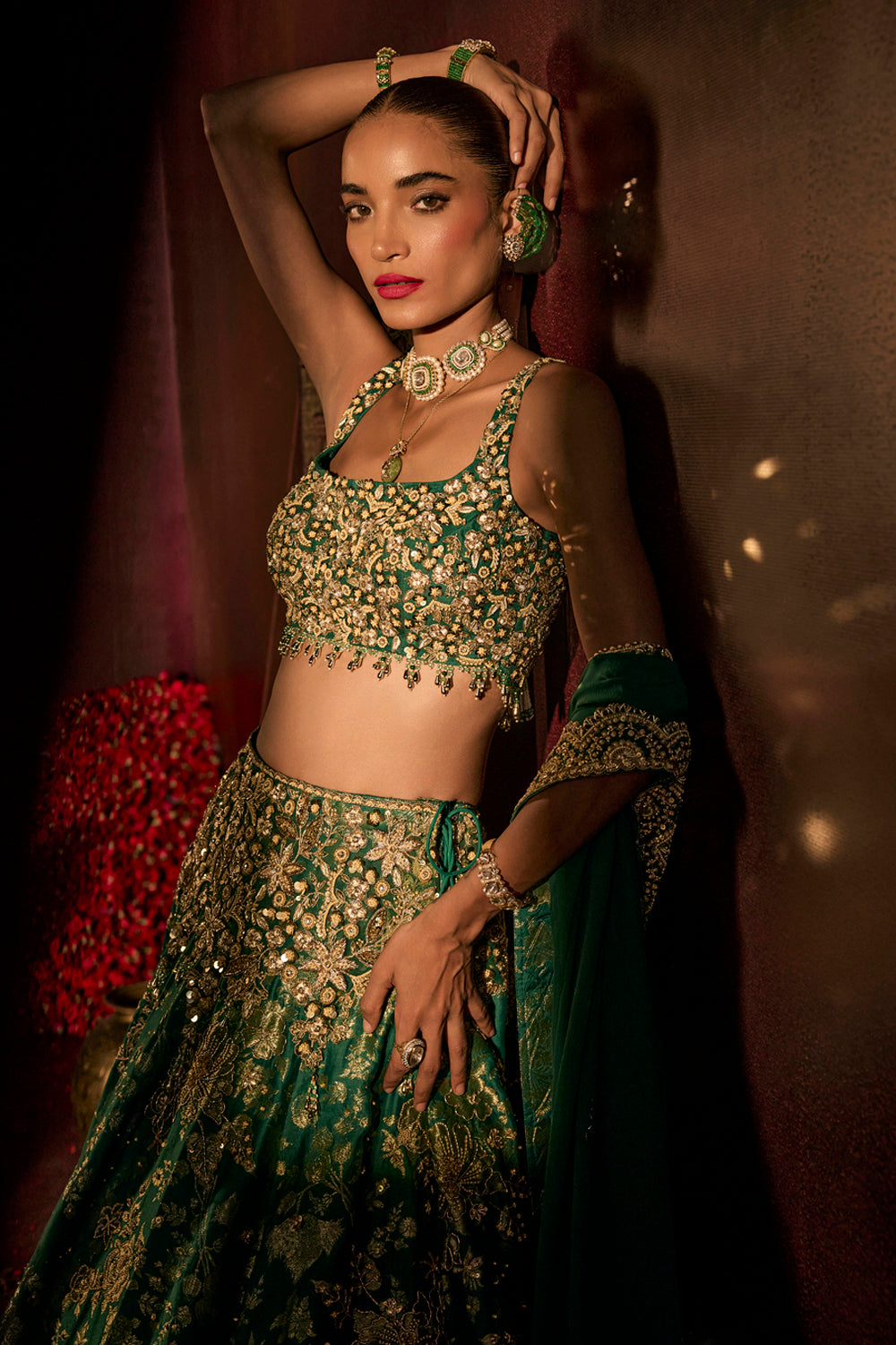 Teal Broad Belt Brocade Lehenga Set