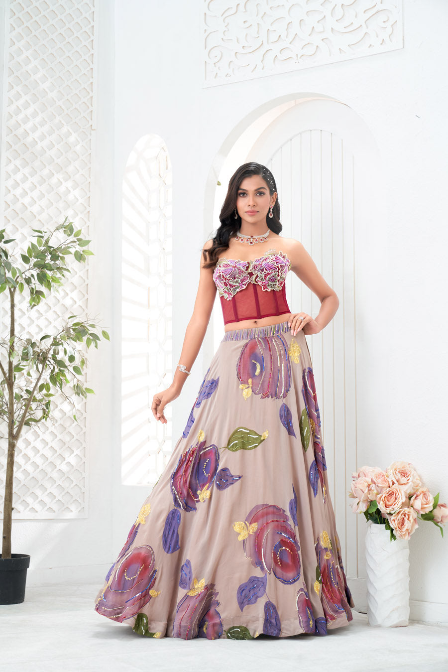 Mauve Hand Painted Lehenga and Floral Corset Set