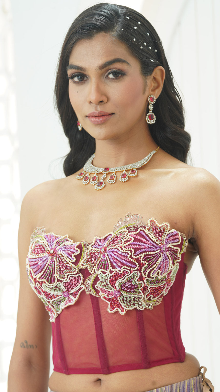 Mauve Hand Painted Lehenga and Floral Corset Set