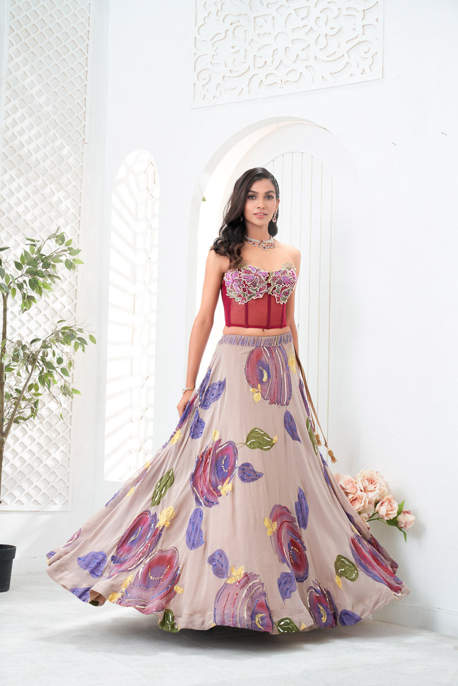 Mauve Hand Painted Lehenga and Floral Corset Set