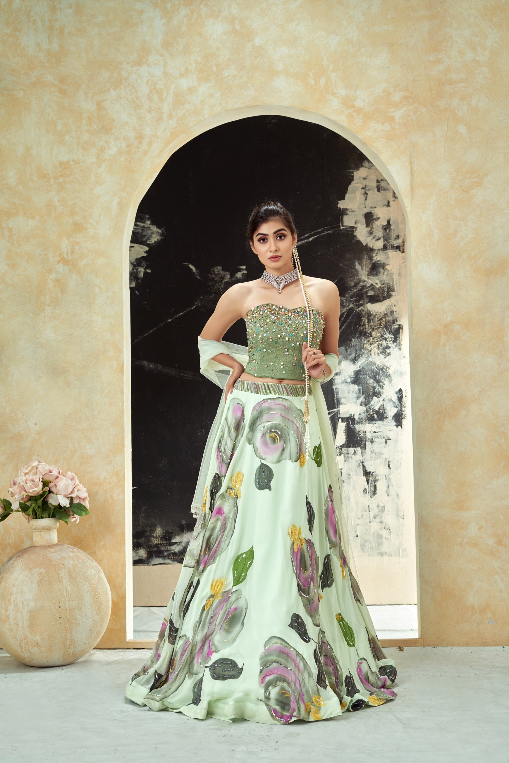 Mint Green Hand Painted Lehenga and Green Corset Set