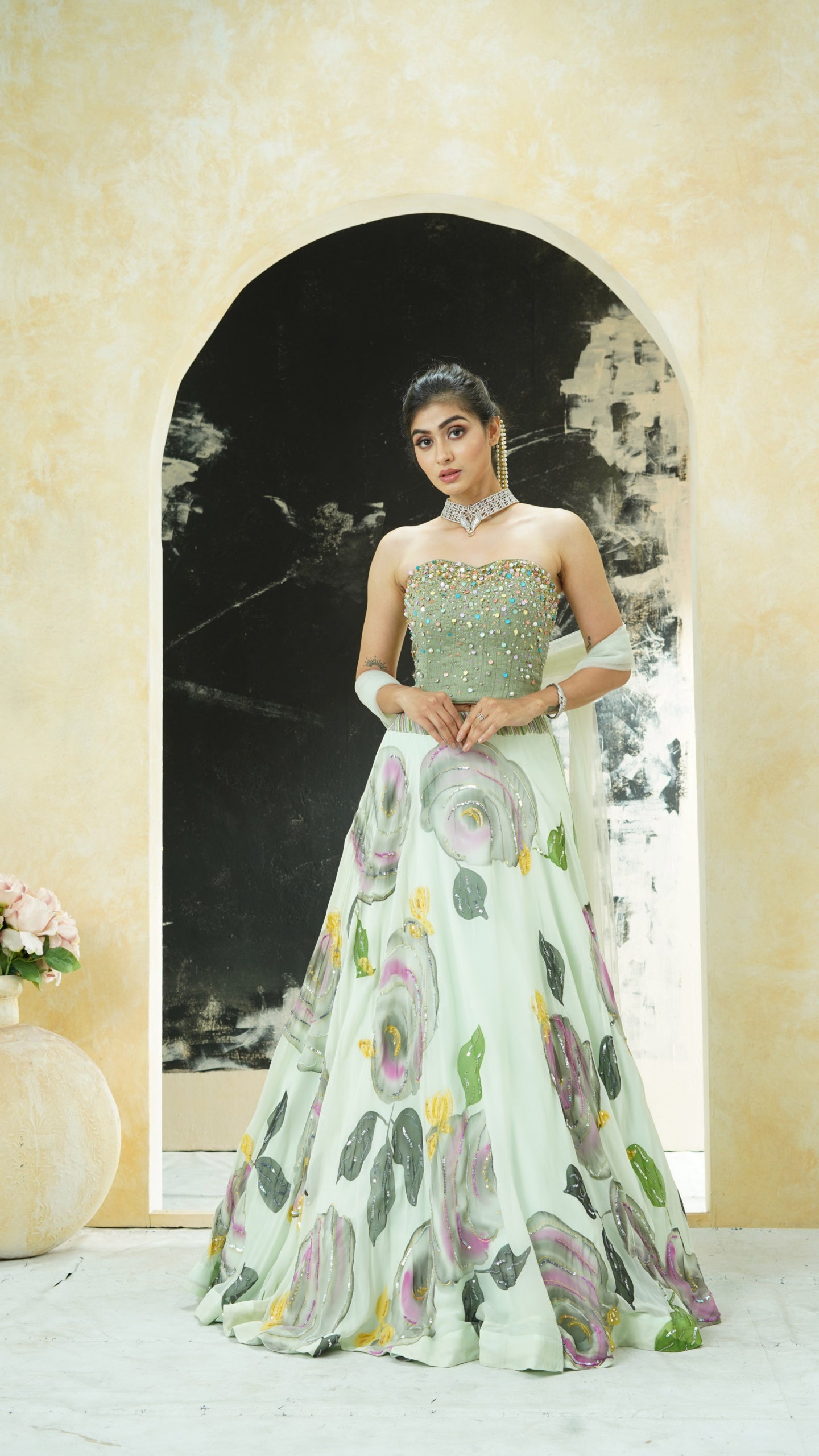 Mint Green Hand Painted Lehenga and Green Corset Set