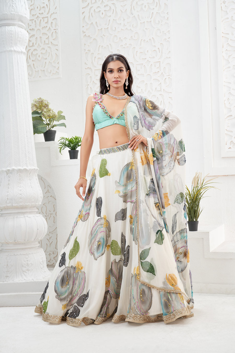 Ivory Hand Painted Lehenga and Mint Bralette Blouse Set