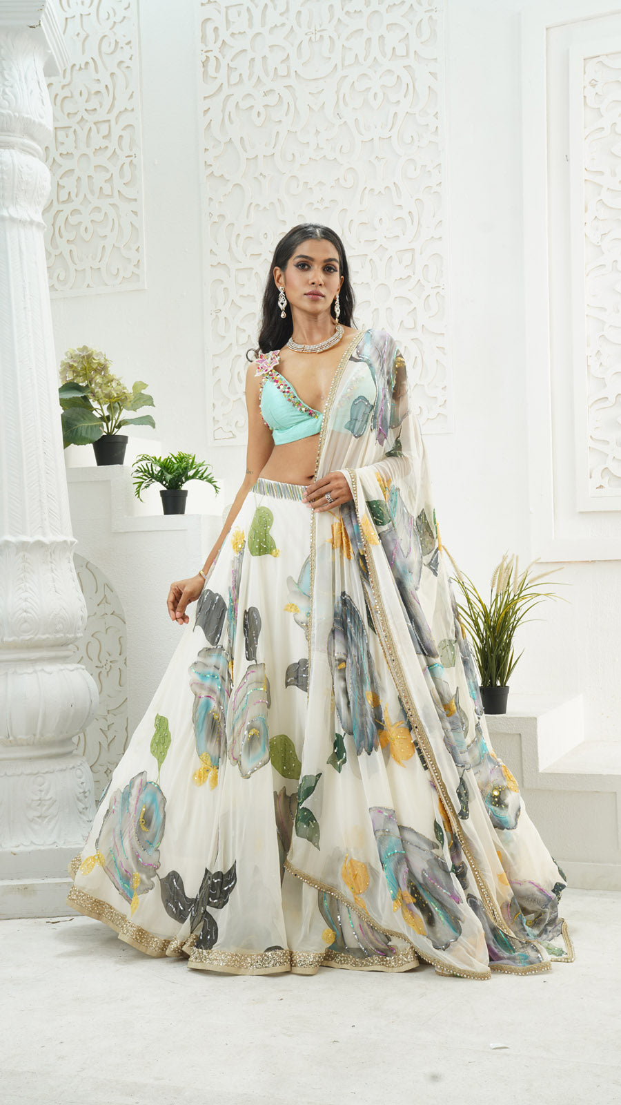 Ivory Hand Painted Lehenga and Mint Bralette Blouse Set